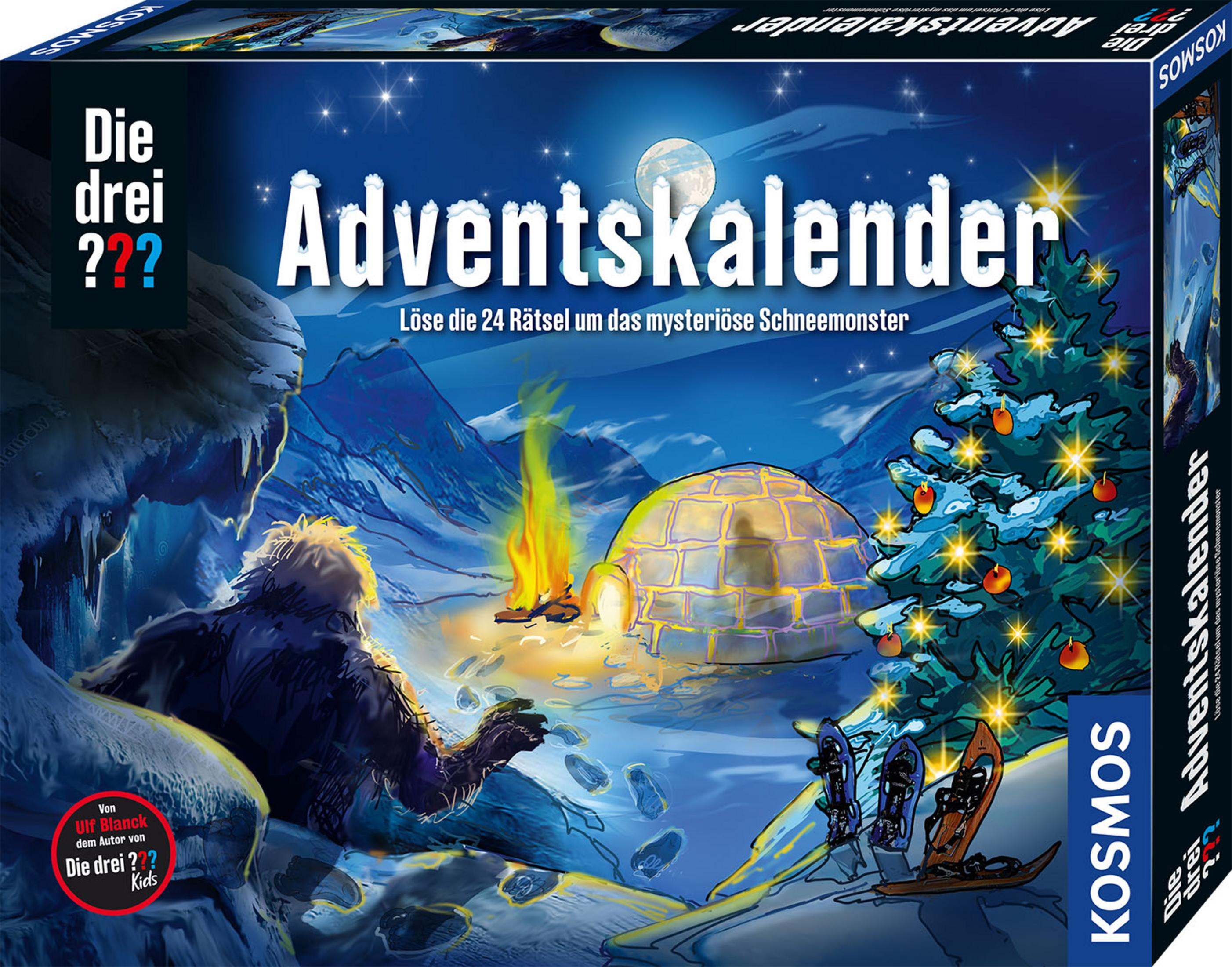 Adventskalender-Box mit einer schneebedeckten Berglandschaft und Yeti-Illustration.