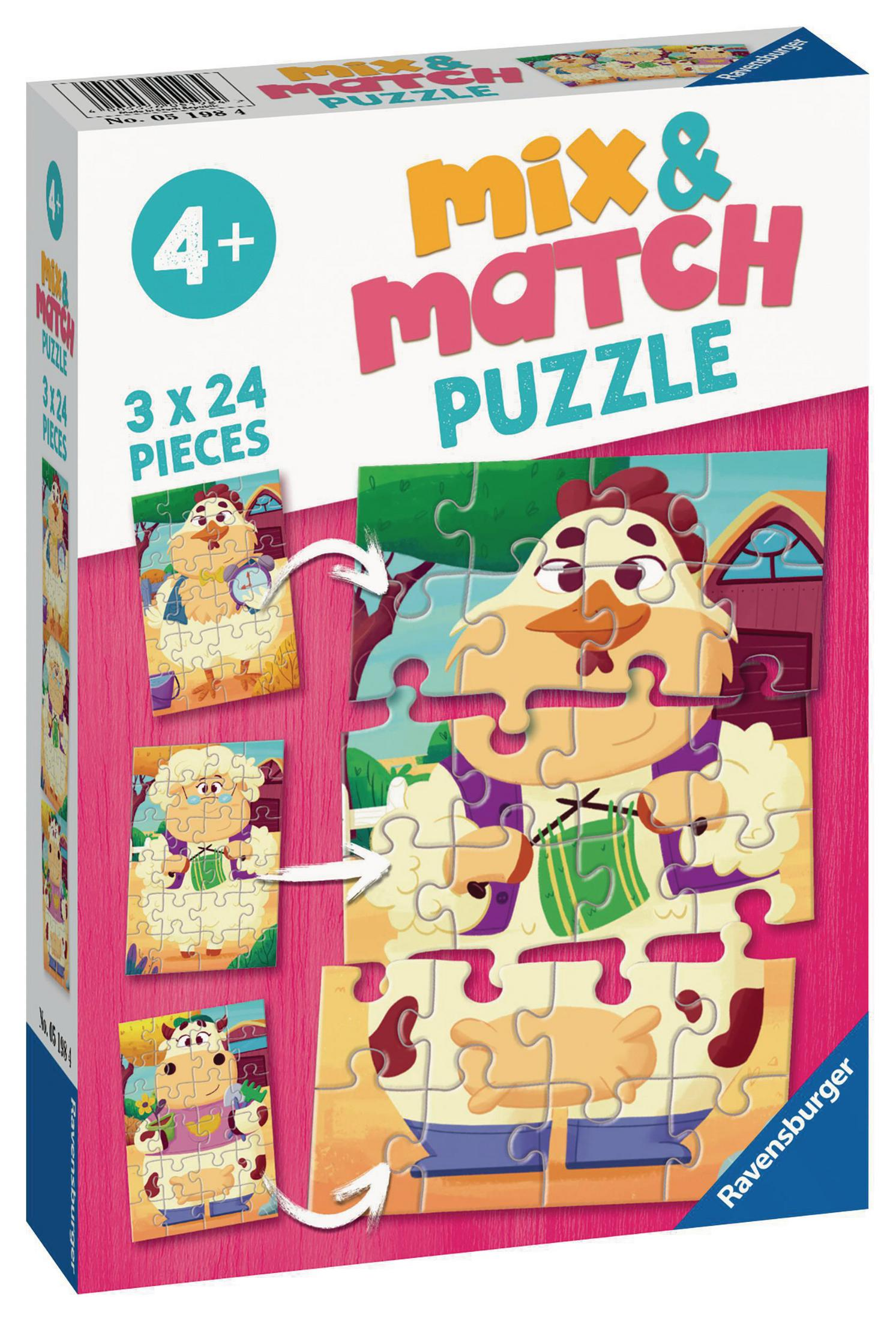 Puzzleschachtel mit Teilen einer Kuh, eines Huhns und eines Schafs. Das Puzzle heißt 'Mix & Match'.