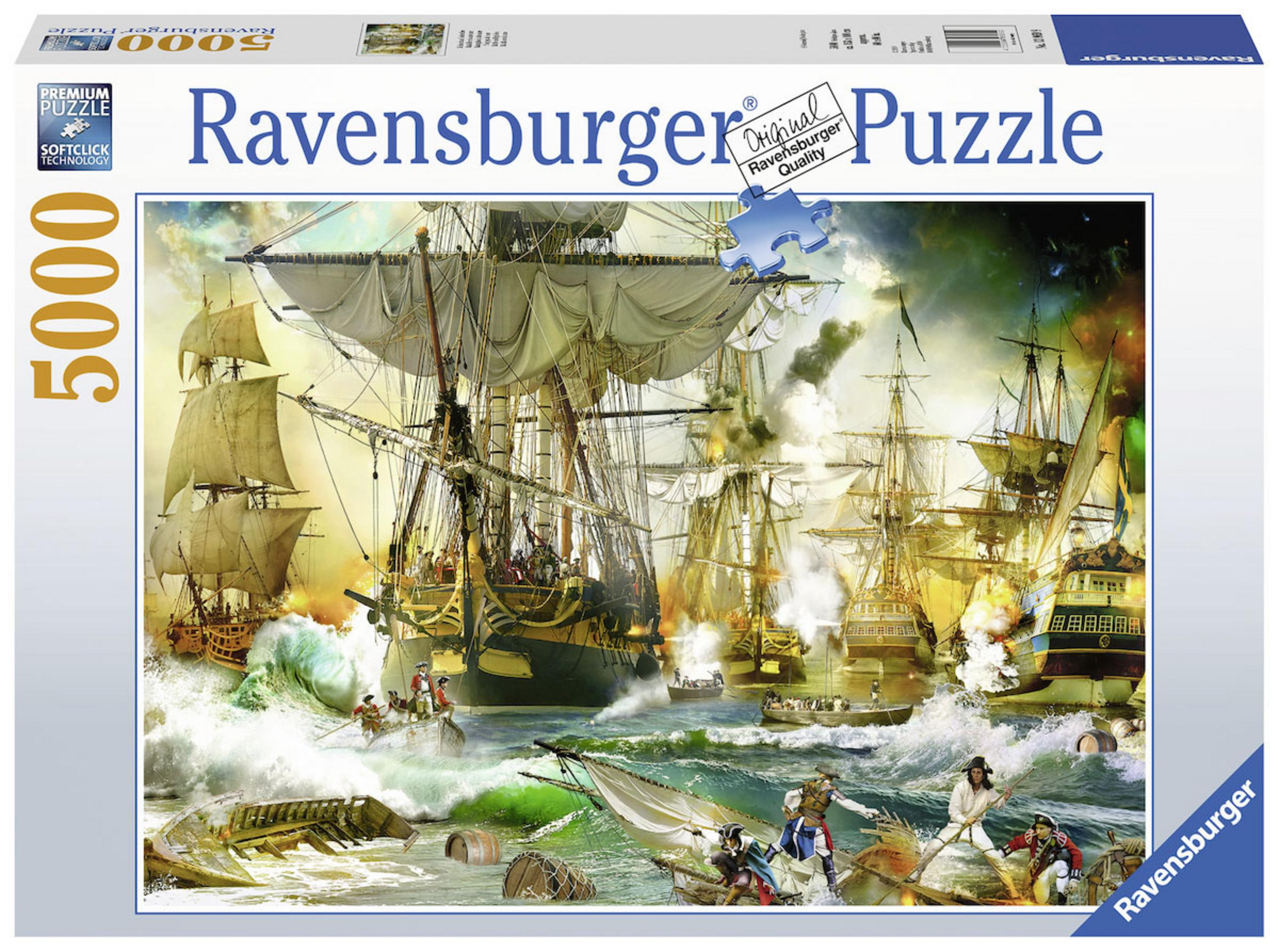 Ravensburger-Puzzlebox mit einer Schlachtszene mit Schiffen auf See.