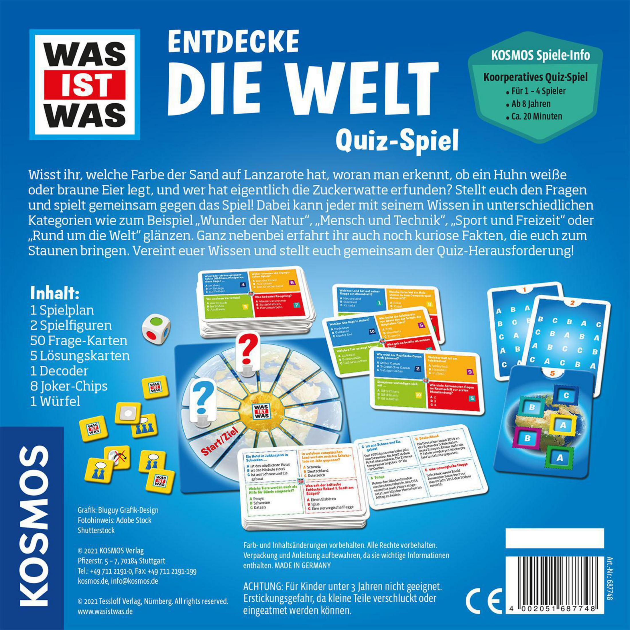 Ein Brettspielkarton mit Text und Bildern. Es ist ein Quizspiel mit Karten und einem Würfel.