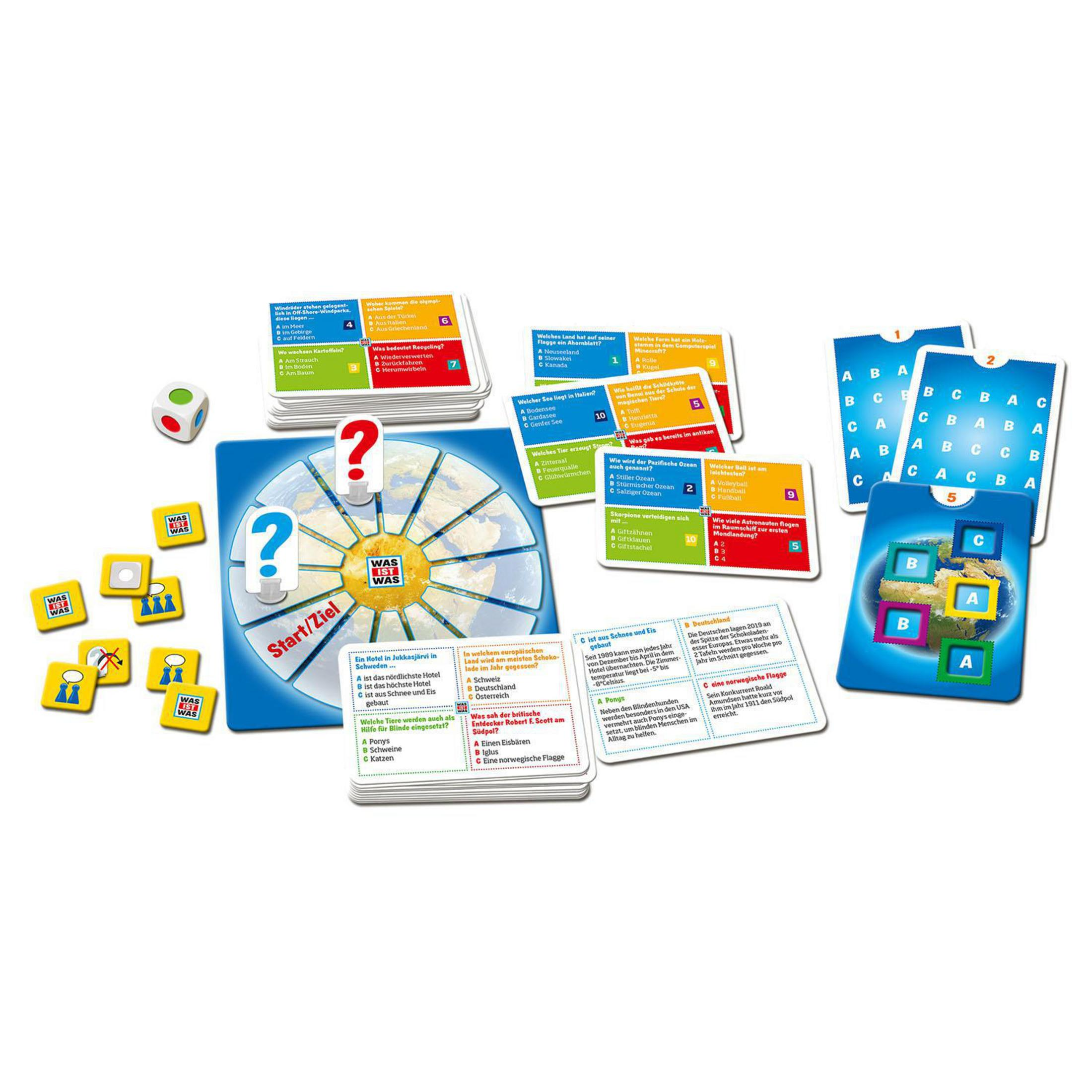 Brettspiel mit Karten und Spielsteinen. Fragezeichen-Spielbrett, Würfel und Karten. Verschiedene Farben und Texte.