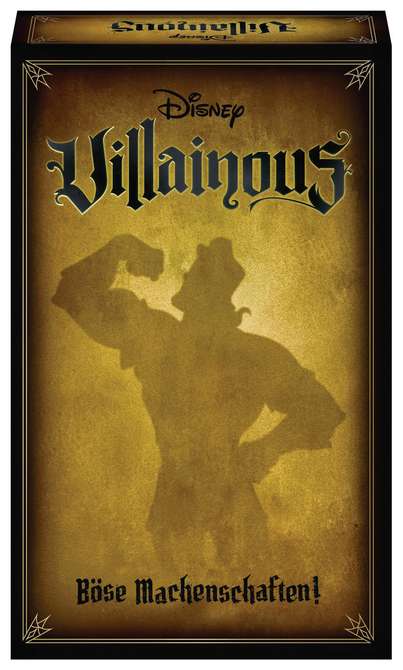 Disney Villainous Brettspielbox. Die Box ist dunkel mit einer Silhouette eines muskulösen Mannes.