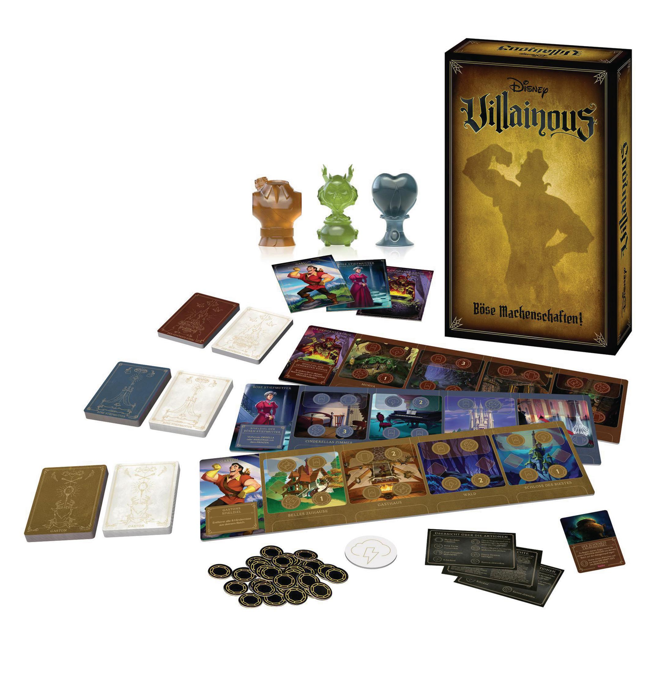 Eine Disney Villainous Brettspielbox mit Spielsteinen.