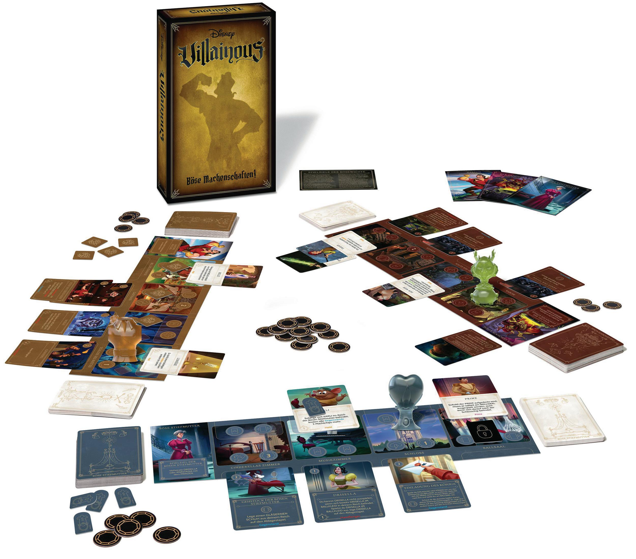 Ein Brettspiel mit mehreren Karten, Token und einer Schachtel. Auf der Schachtel steht 'Disney Villainous: Böse Machenschaften'.