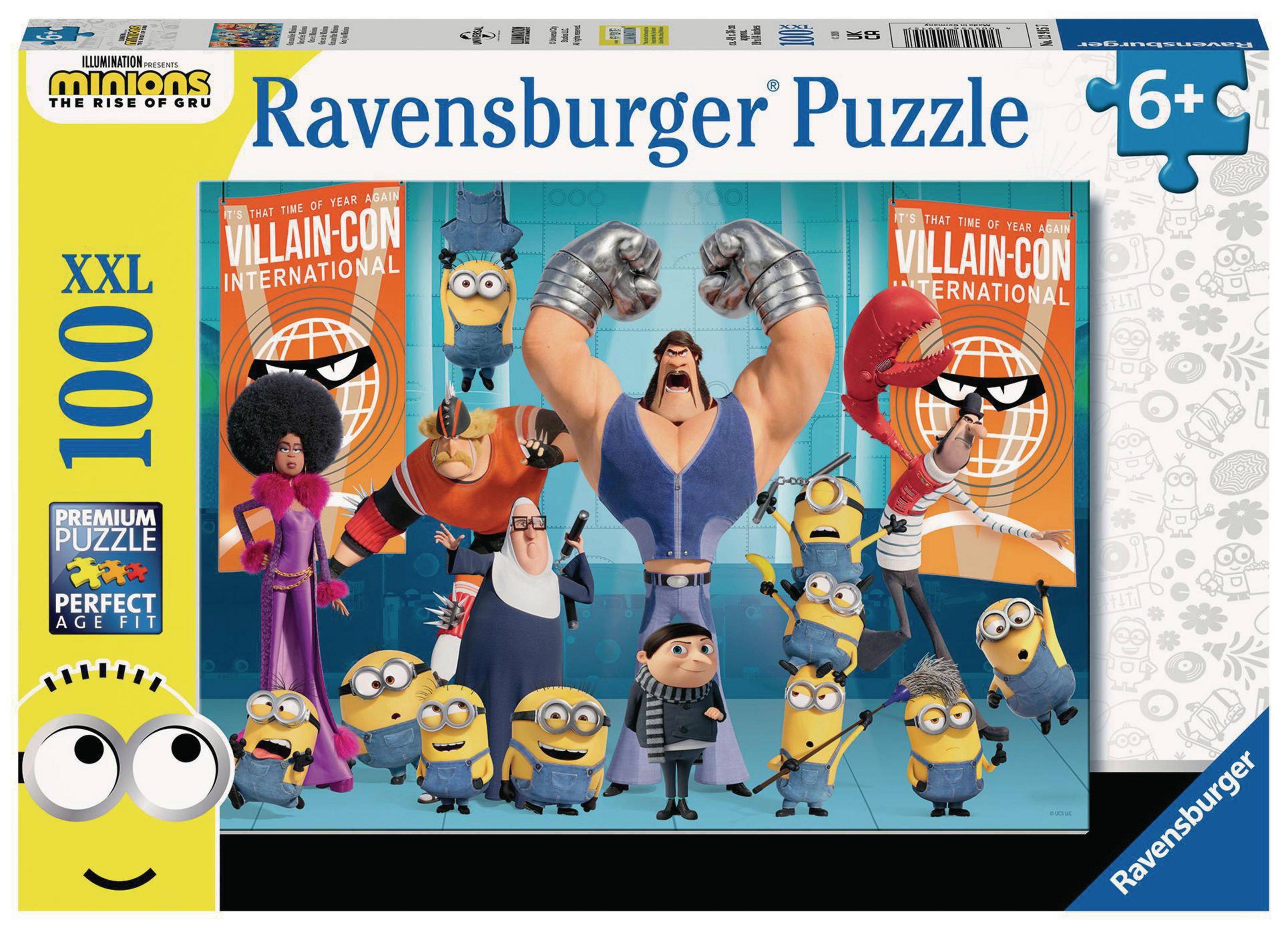 Pudełko z puzzlami z Minionkami, z postaciami i tekstem na białym tle.