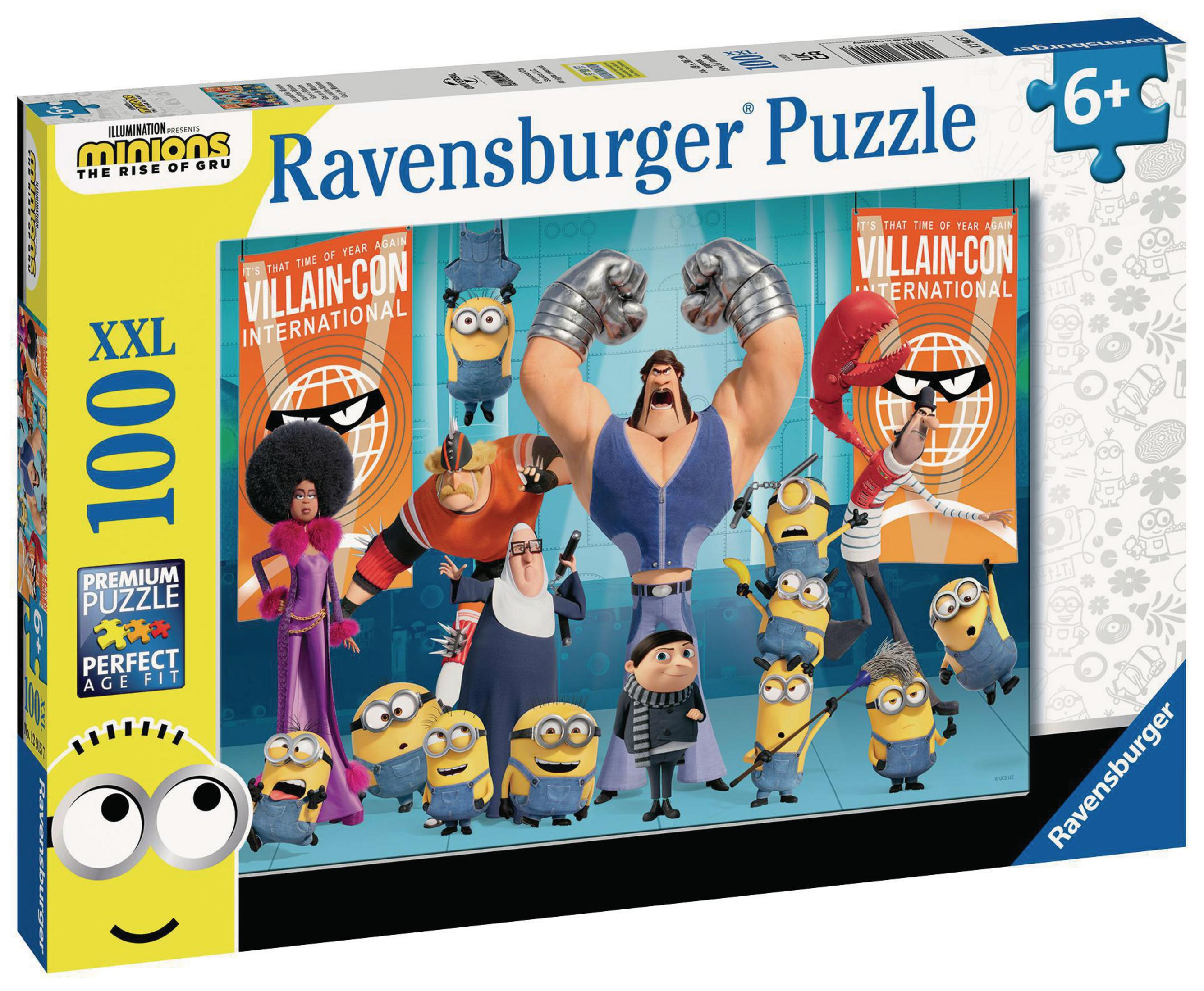 Pudełko z puzzlami z postaciami Minionków i sceną konwencji złoczyńców.