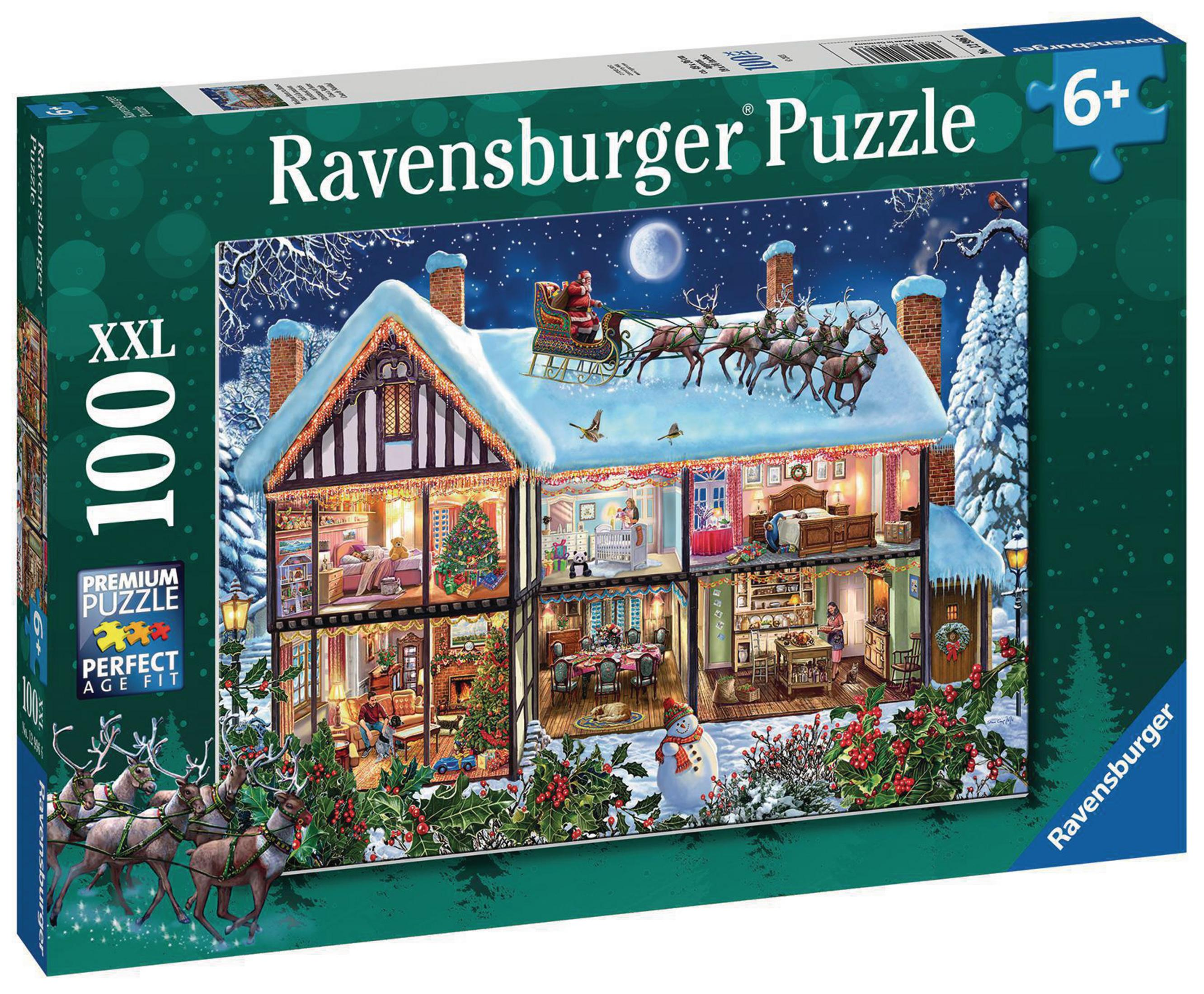 Pudełko z puzzlami przedstawiające bożonarodzeniową scenę w domu, z Mikołajem i reniferami na dachu.