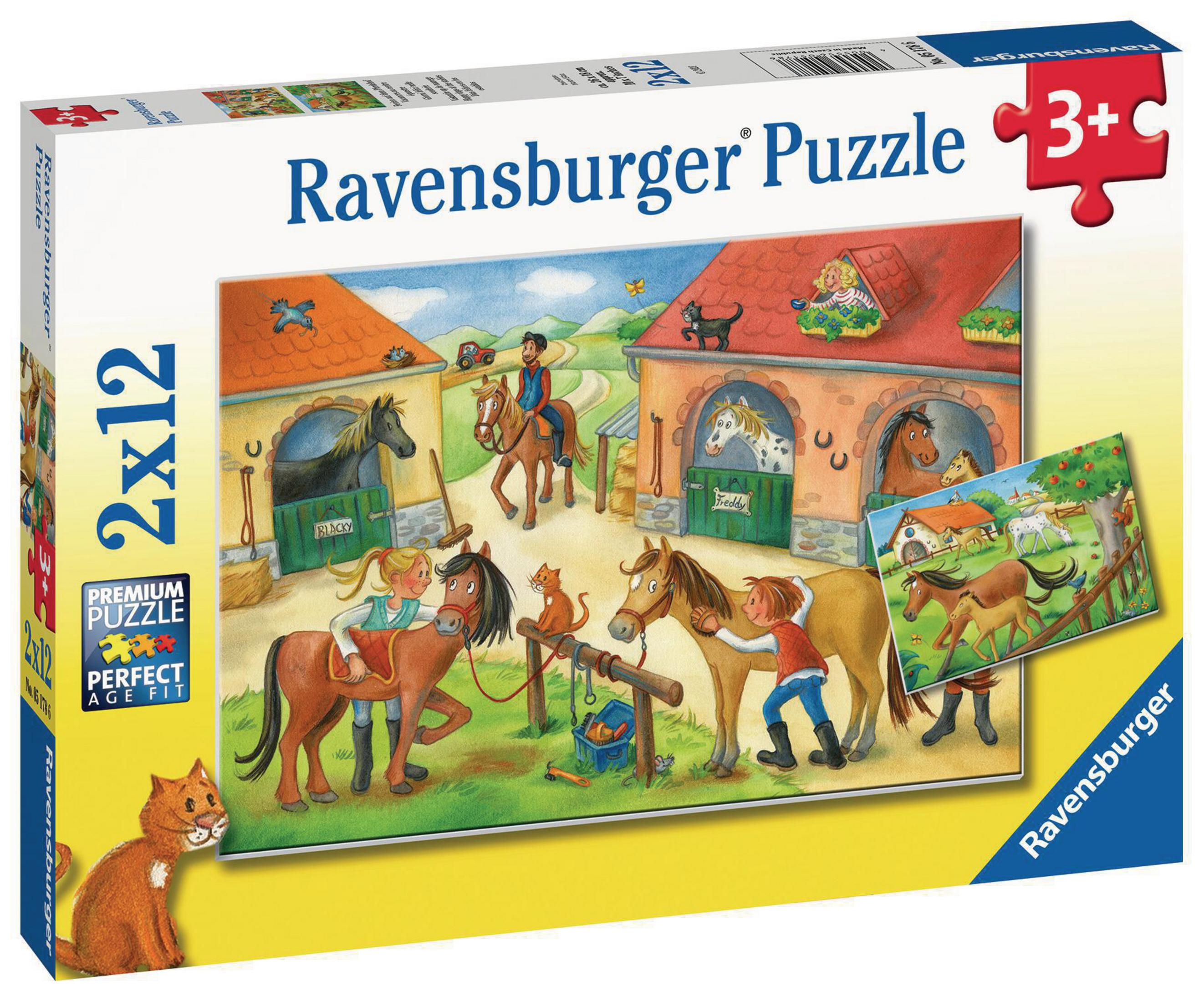 Pudełko z puzzlami Ravensburger przedstawiające scenę z farmy koni z końmi, ludźmi i budynkami.