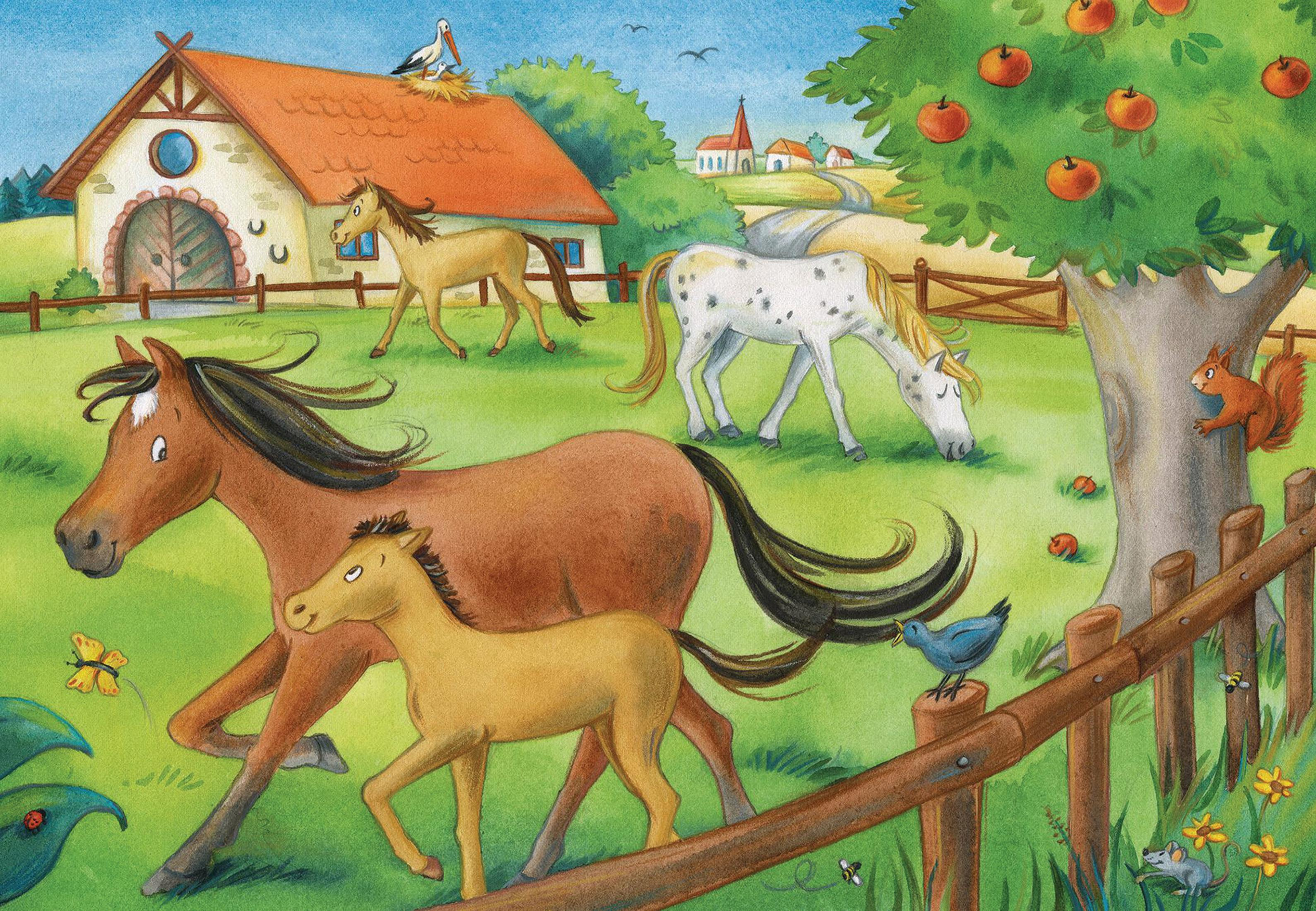 Ilustracja koni na polu. Dom i jabłoń w tle.