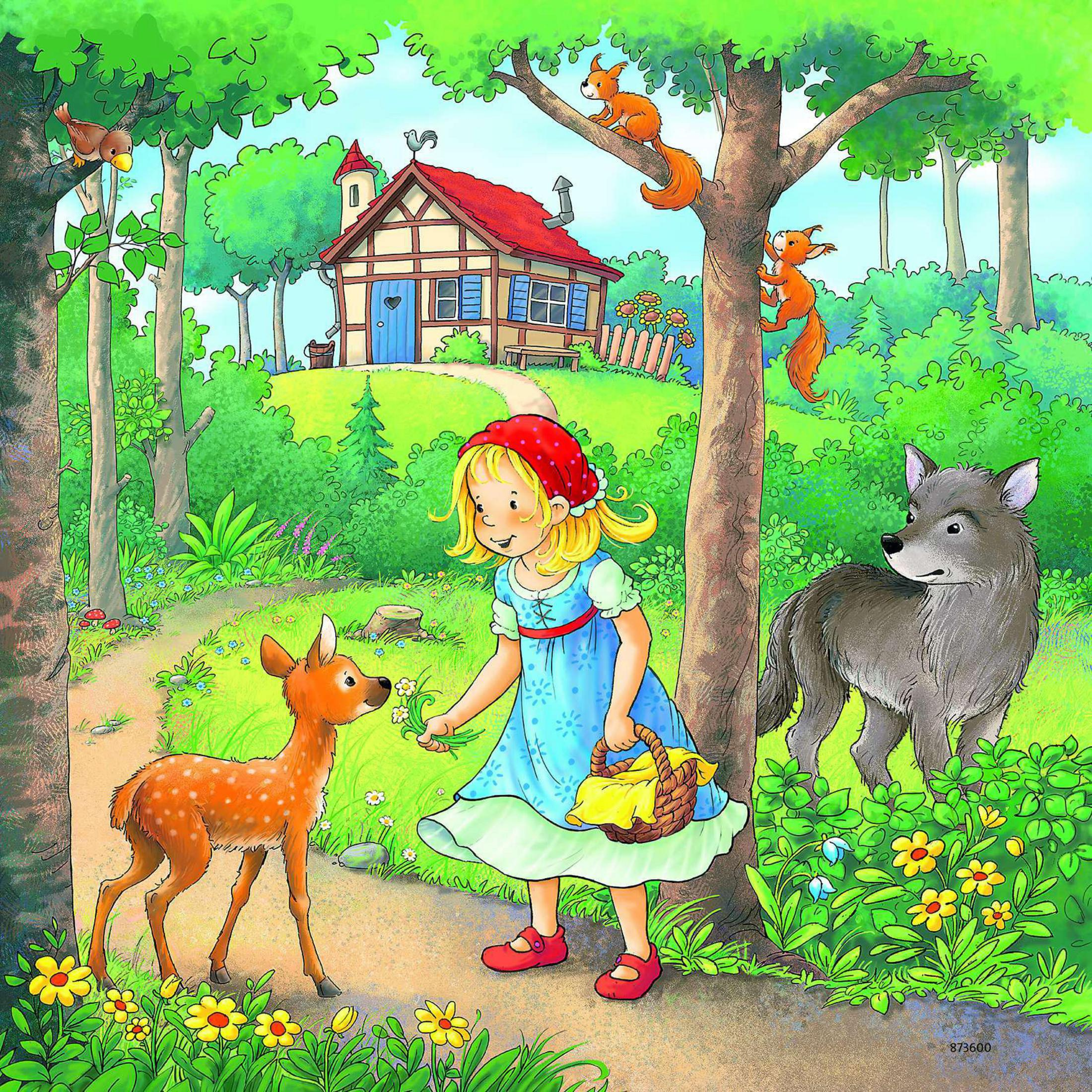 Eine Cartoon-Illustration von Rotkäppchen in einem Wald mit einem Wolf, einem Reh und einem Haus.