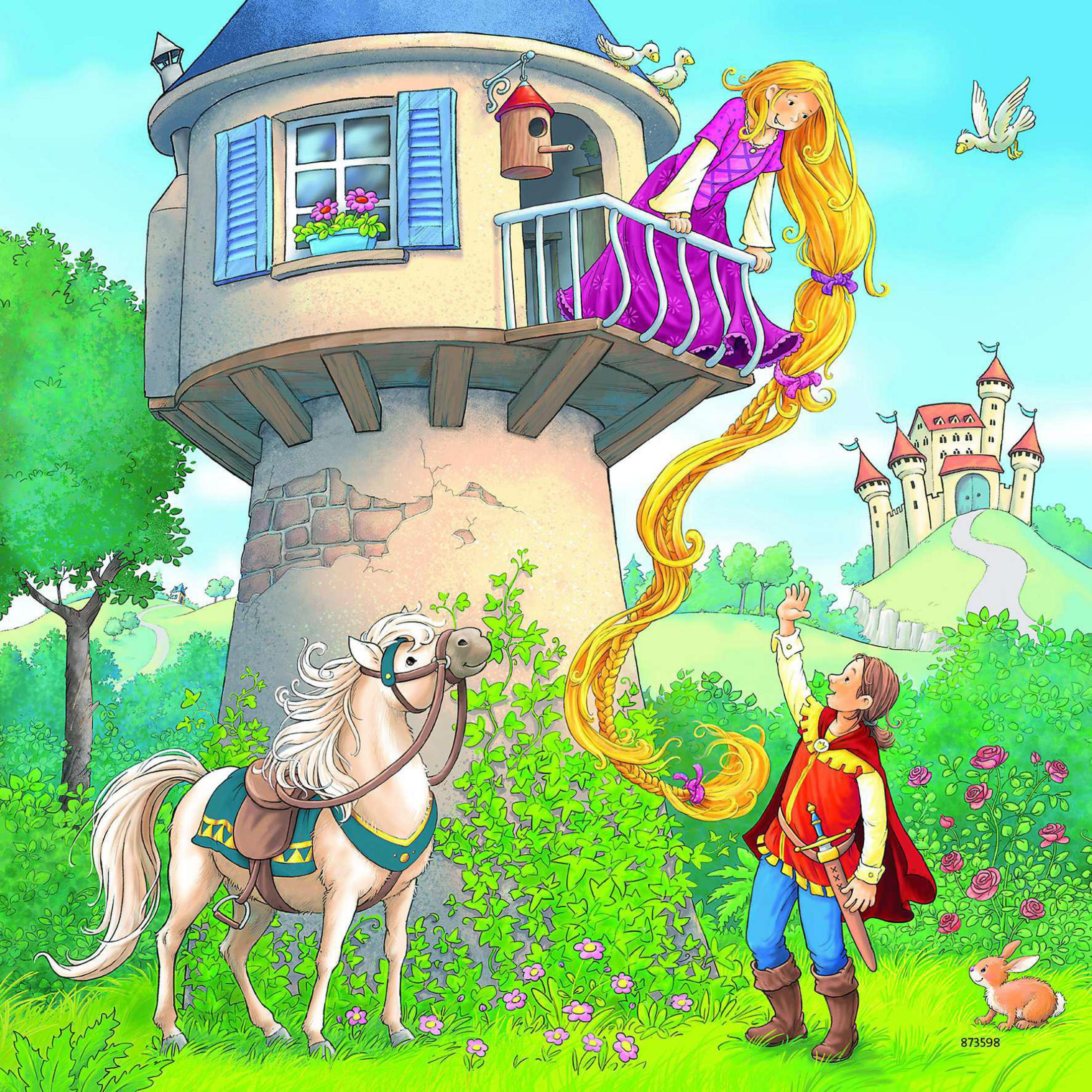 Illustration von Rapunzel im Turm, die ihr Haar herunterlässt. Ein Mann und ein Pferd sind im Vordergrund.