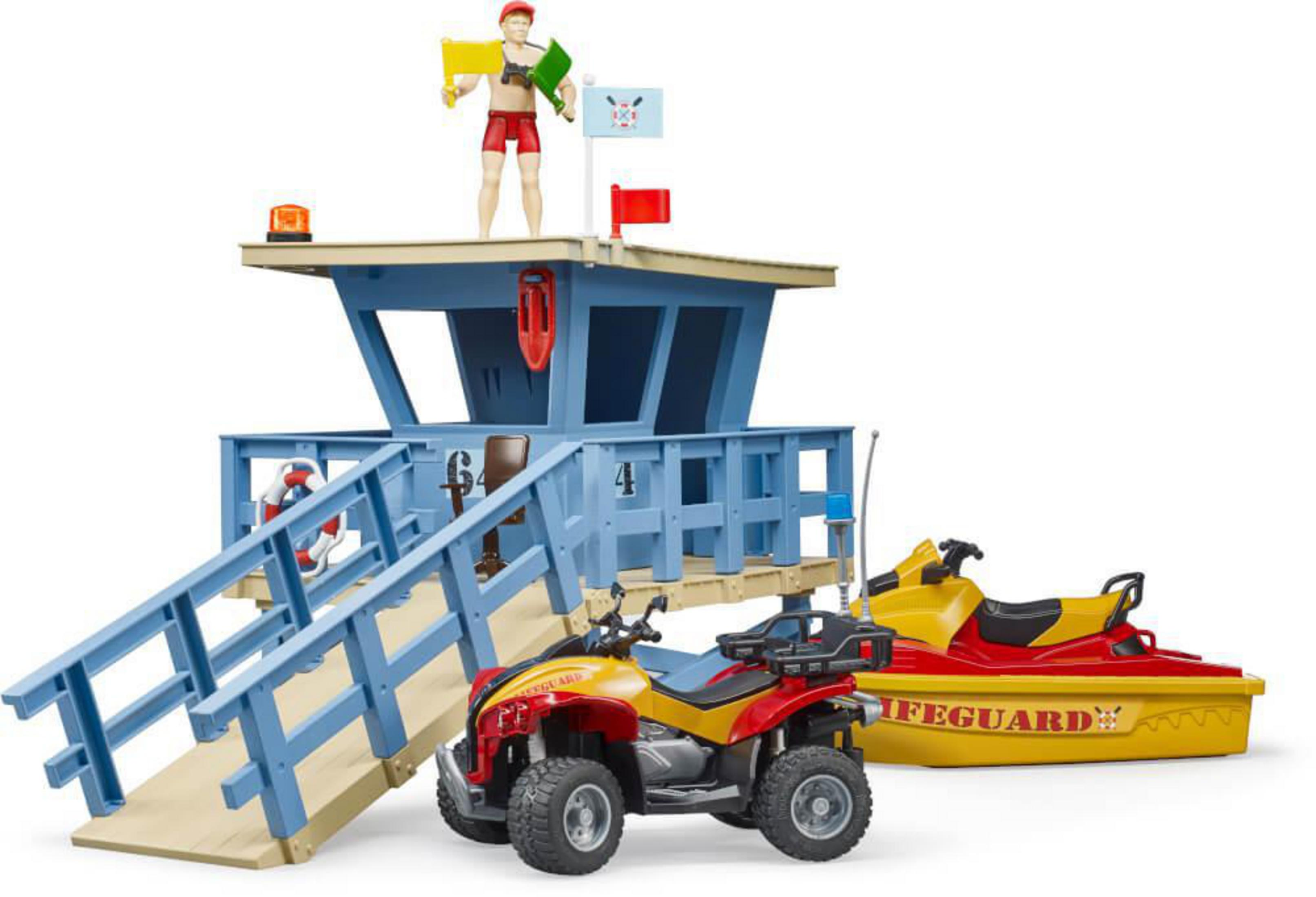 Set di salvataggio giocattolo con bagnino, stazione, ATV e jet ski. L'ATV è in primo piano.