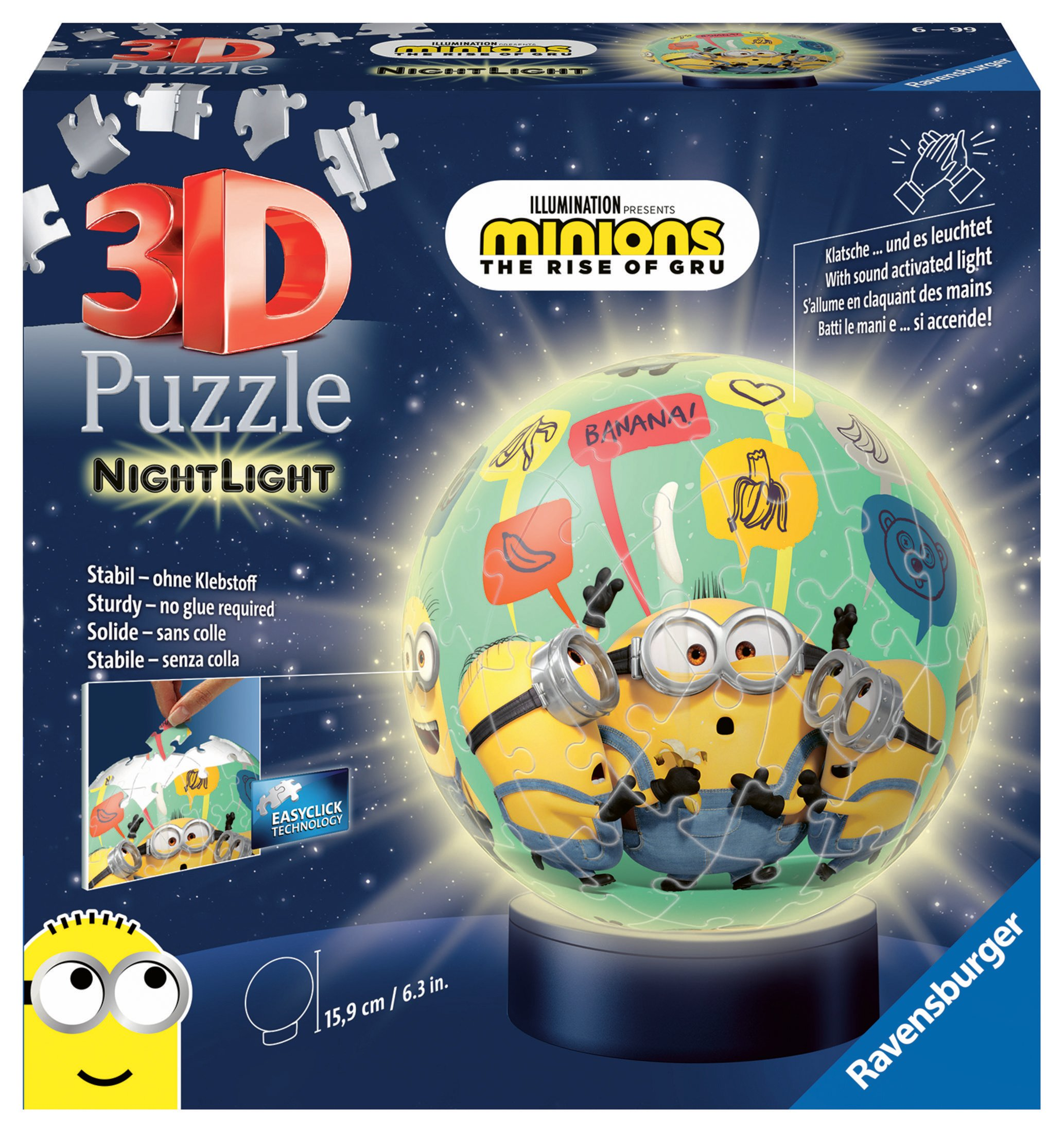 Pudełko z lampką nocną 3D puzzle z postaciami Minionków, puzzle w kształcie kuli i tekstem.