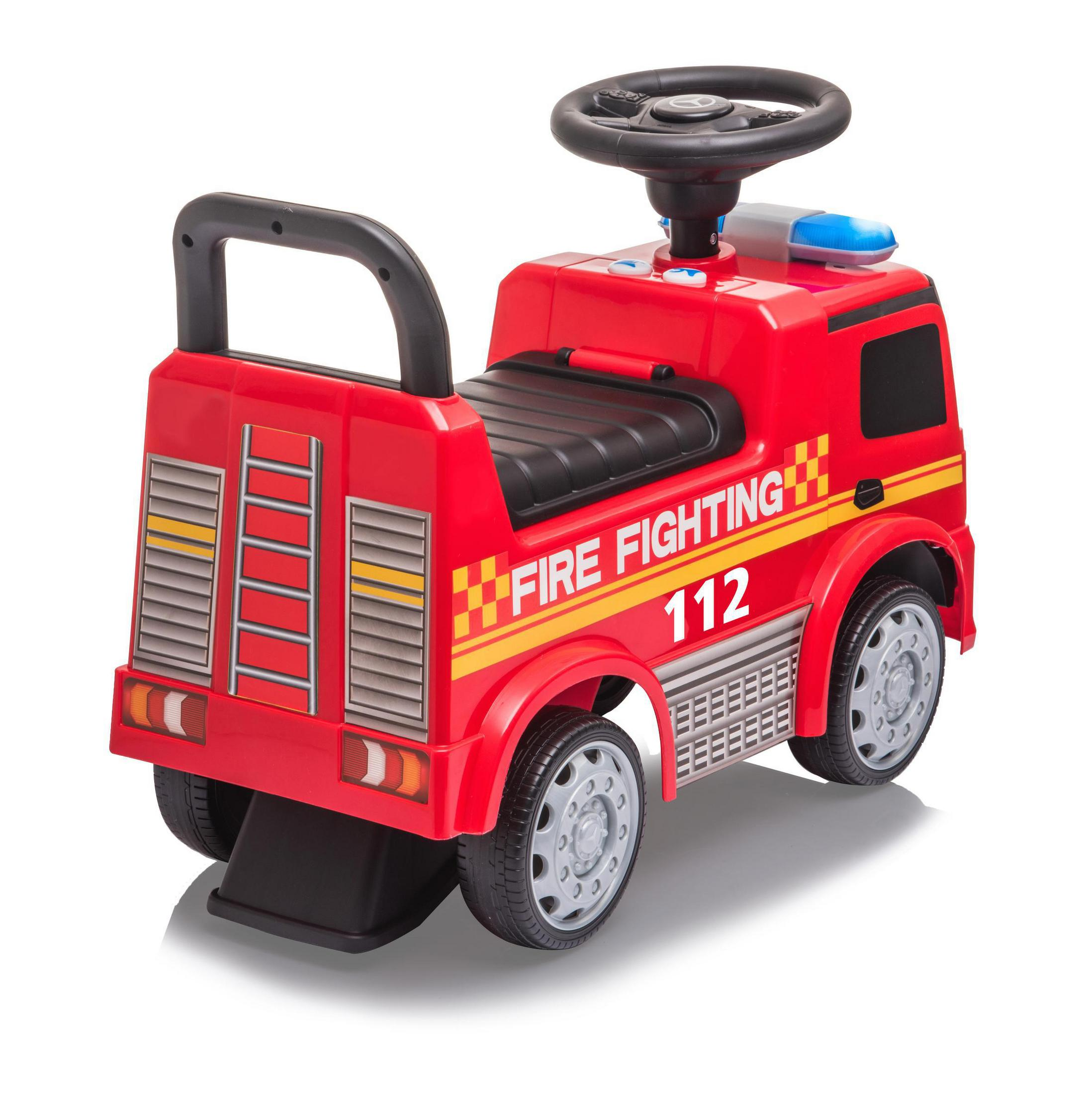 Roter Spielzeug-Feuerwehrwagen mit Lenkrad und Griff. Enthält Räder und die Worte FEUERWEHR.