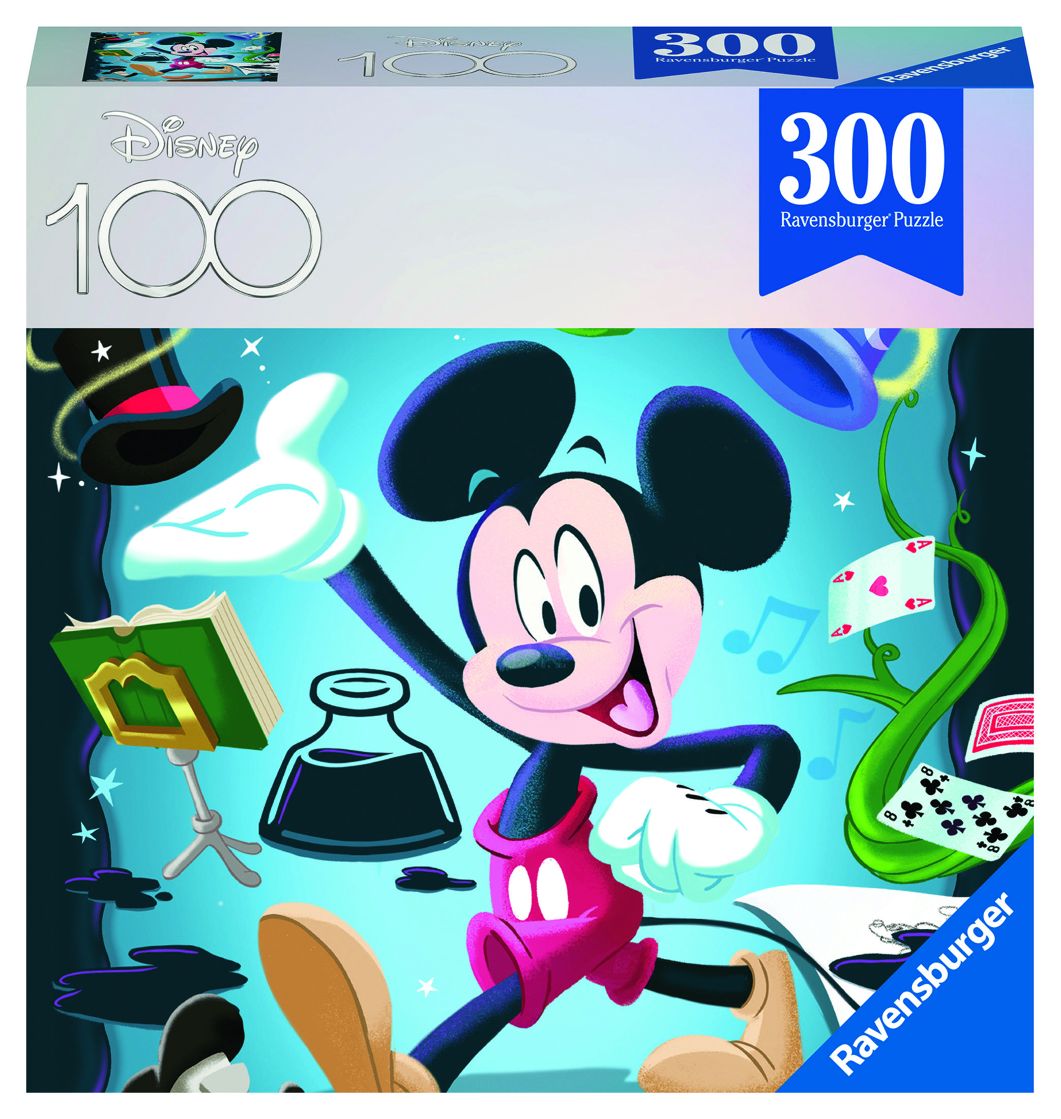 Pudełko z puzzlami Disney 100 z Myszką Miki w kolorowej scenie z kreskówki.