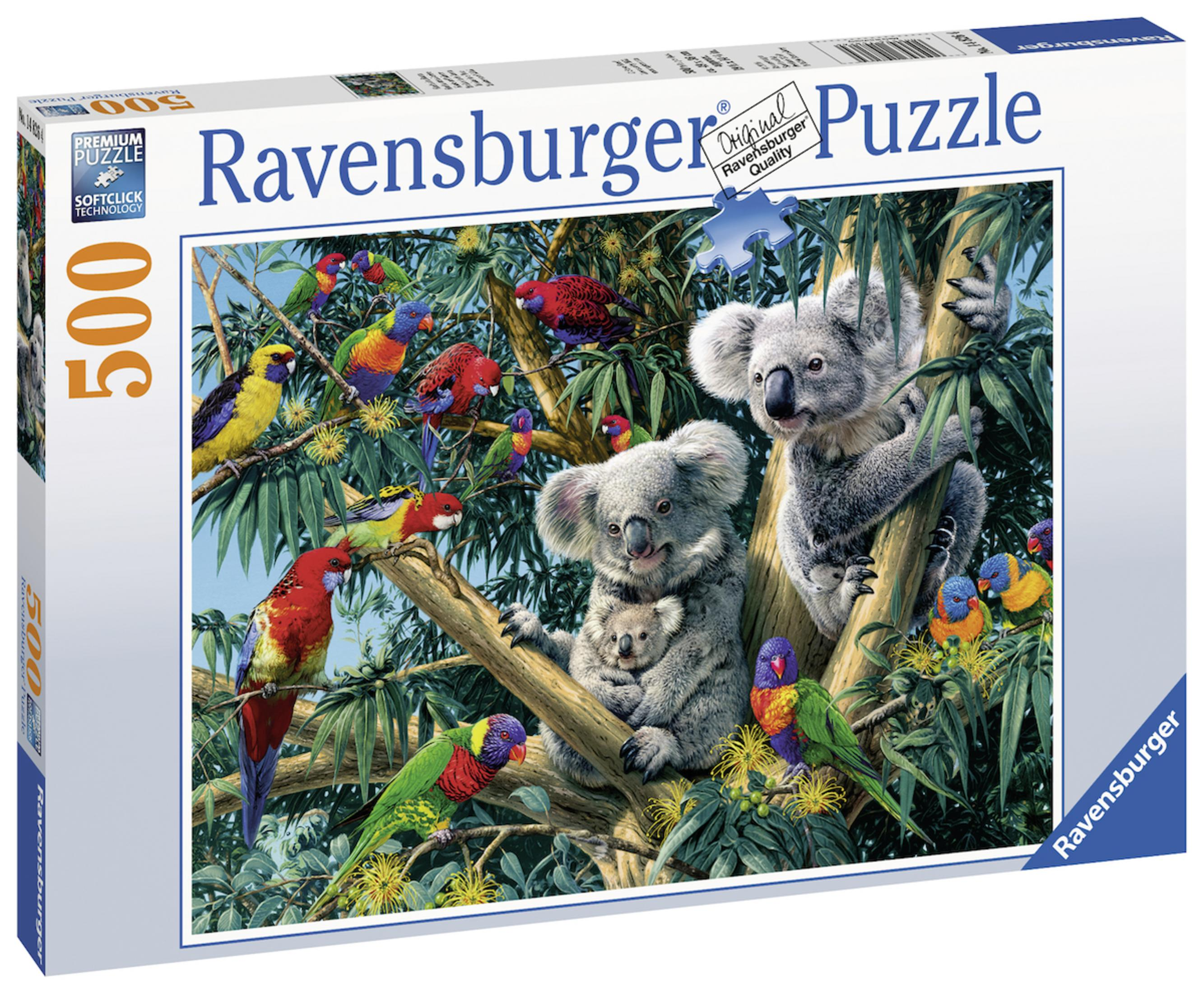 Pudełko puzzli Ravensburger ze zdjęciem koali na drzewie z kolorowymi papugami.
