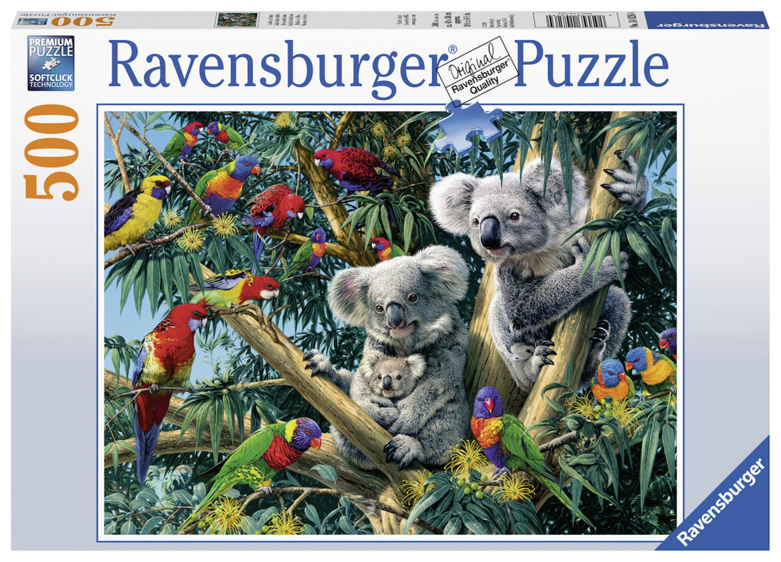 Pudełko z puzzlami z rodziną koali wśród kolorowych ptaków na drzewie. Logo Ravensburger.