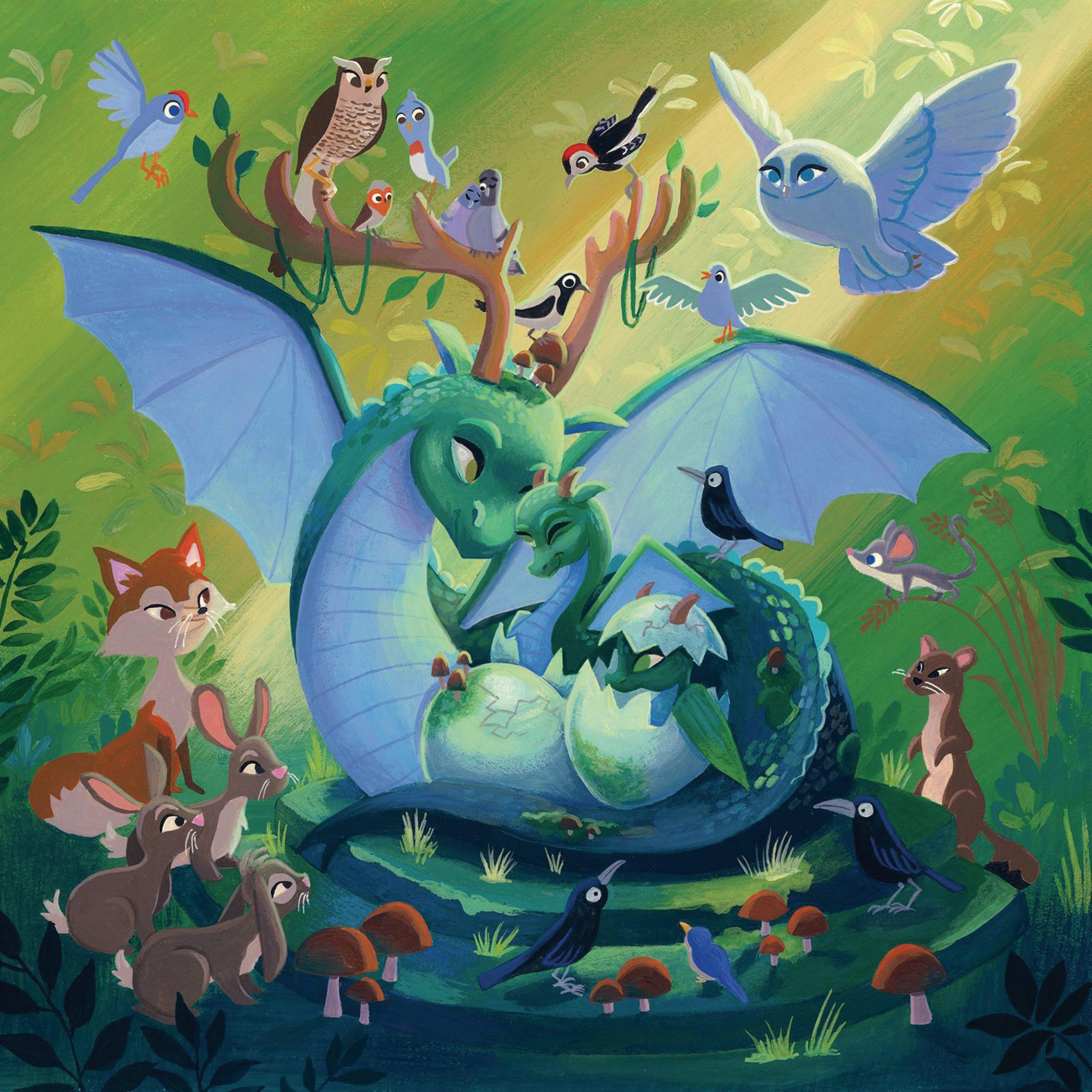 Un'illustrazione colorata di un drago e del suo bambino con altre creature della foresta.