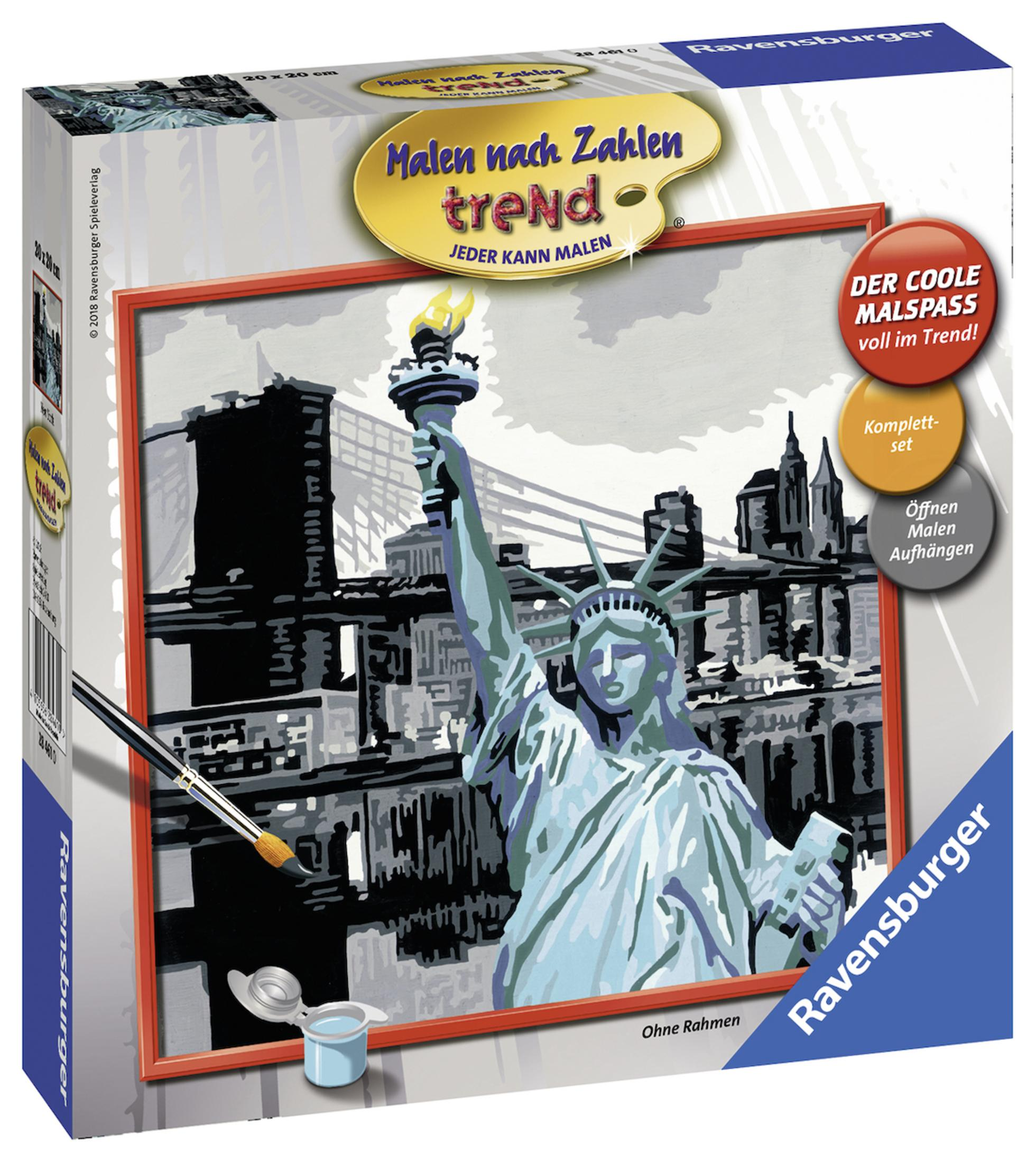 Malen-nach-Zahlen-Box mit der Freiheitsstatue. Die Box zeigt das Bild und die Anweisungen.