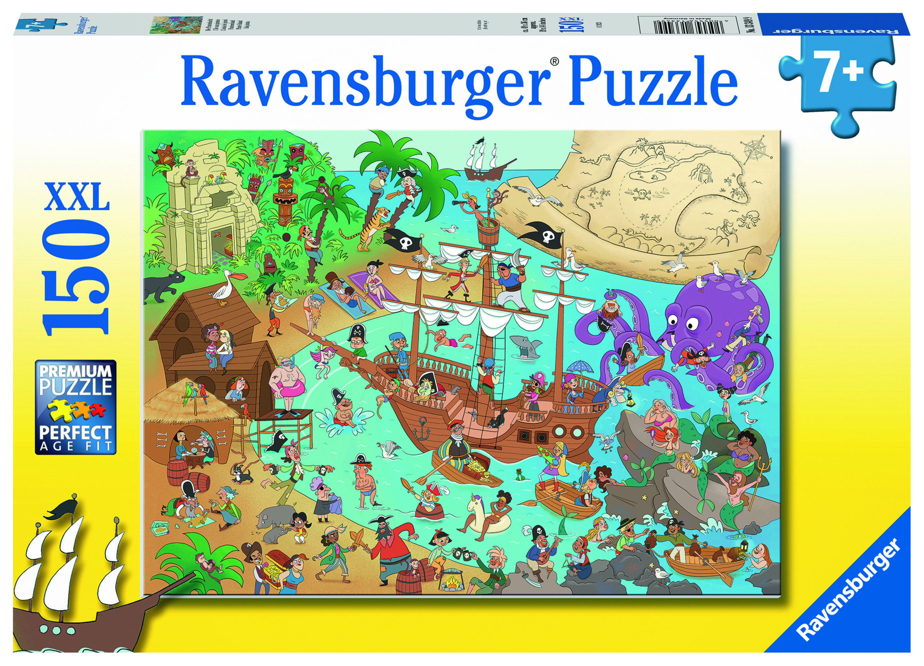 Puzzle o tematyce pirackiej z dużym statkiem i wieloma piratami. Scena jest na morzu.