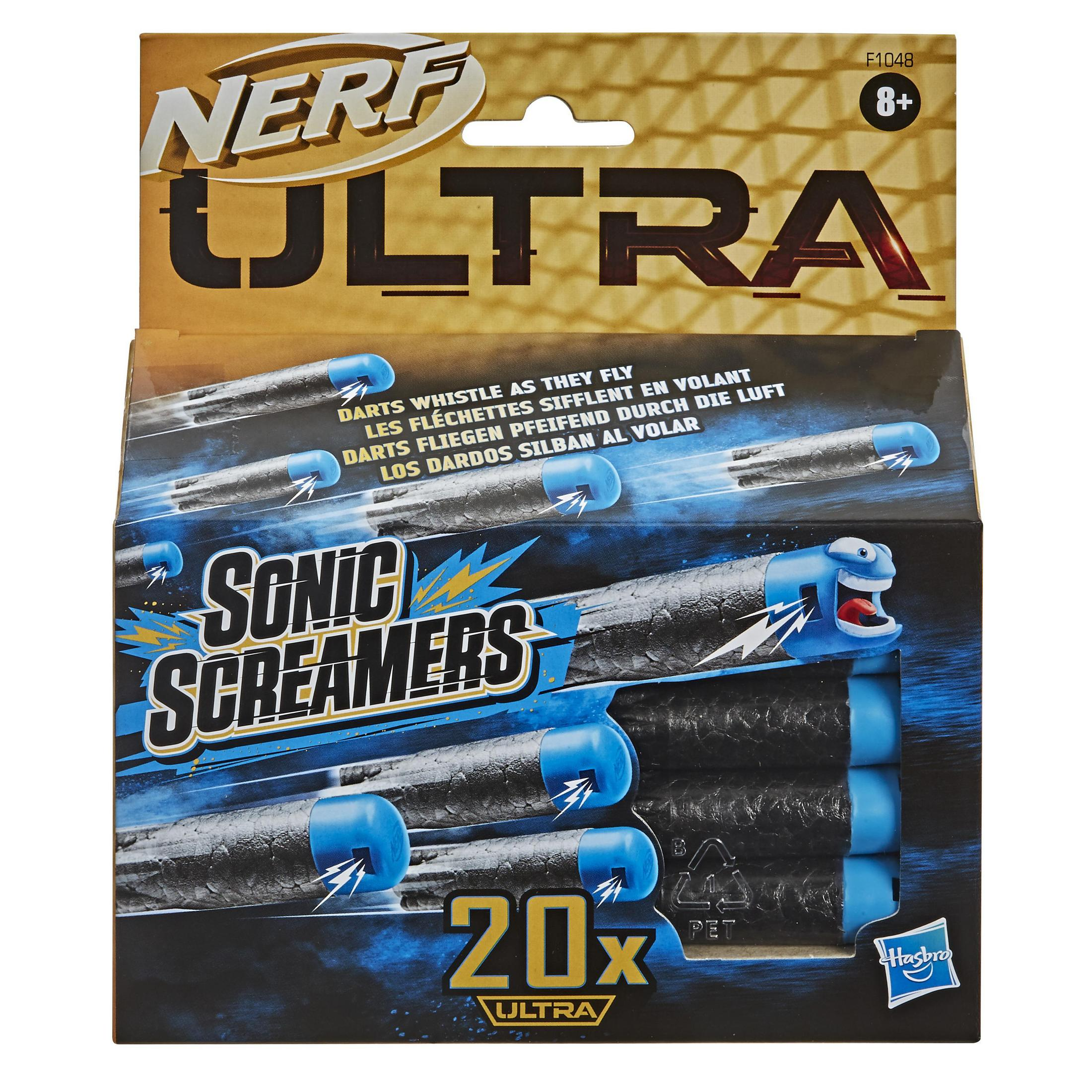 Nerf Ultra Sonic Screamers Dart-Nachfüllpackung. Blaue und schwarze Darts mit Pfeifgeräusch.