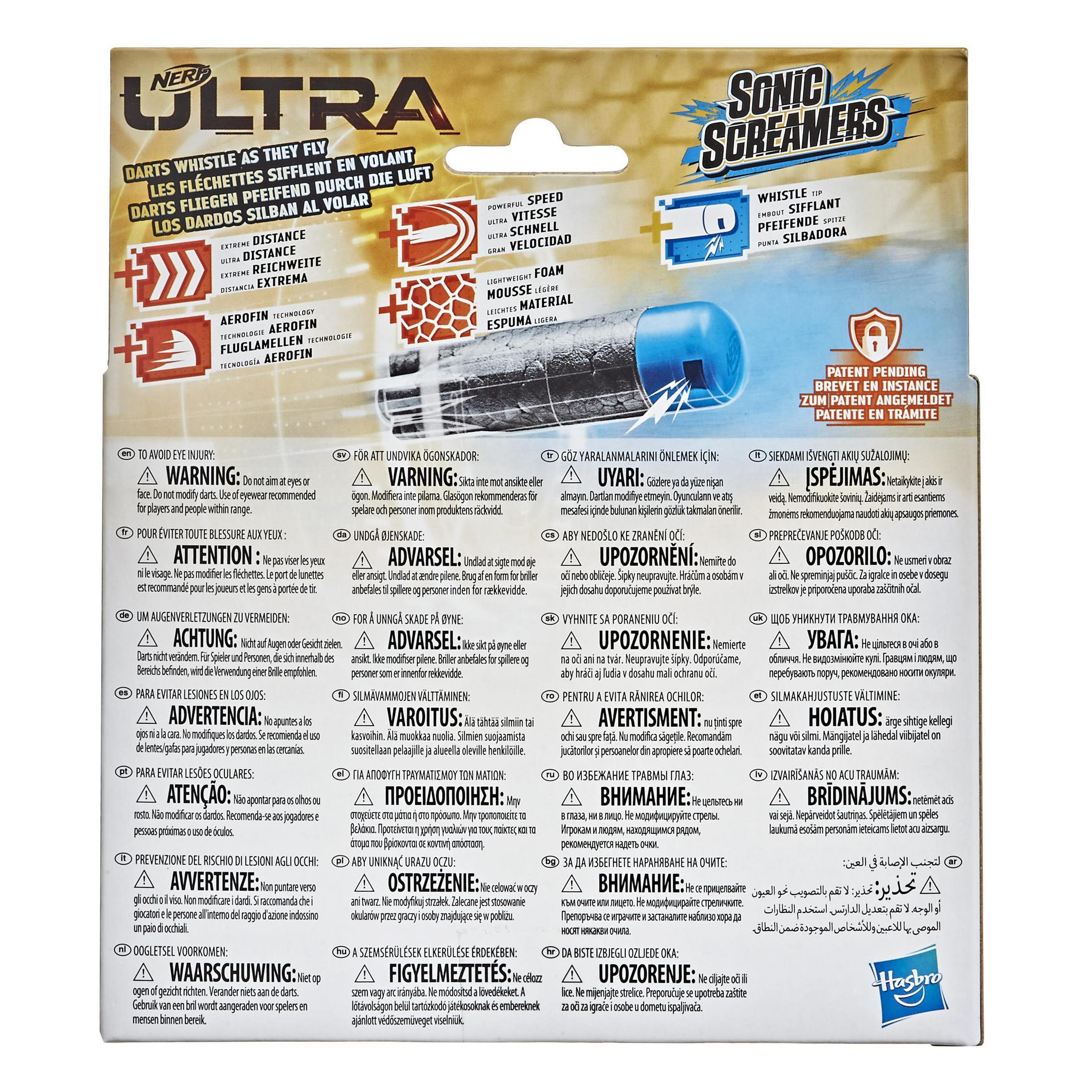 NERF Ultra Sonic Screamer Darts Verpackung. Die Rückseite zeigt Warnungen und Details in mehreren Sprachen.