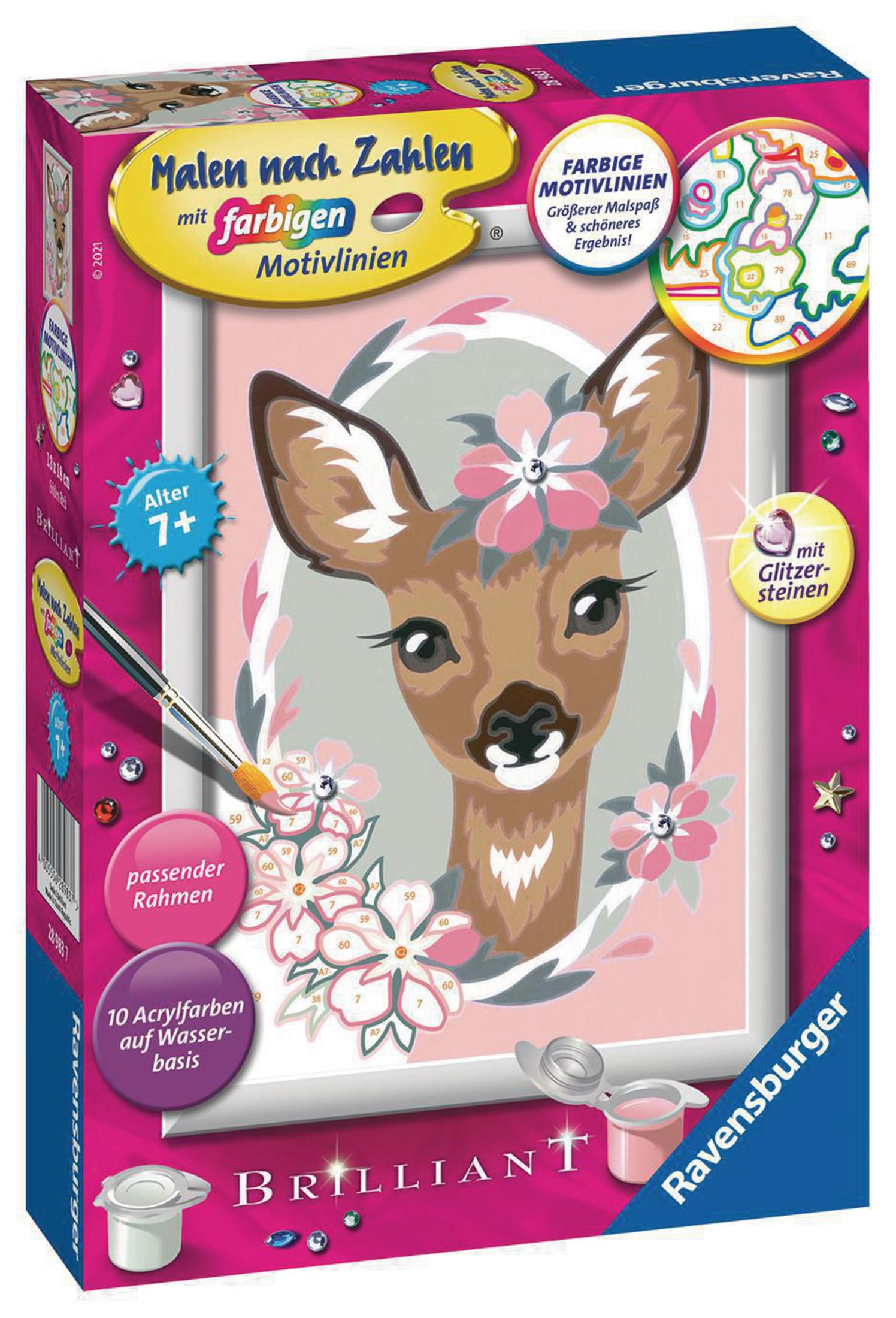 Malen-nach-Zahlen-Set mit einer Hirschillustration, rosa und weißen Farben und Farbtöpfen.