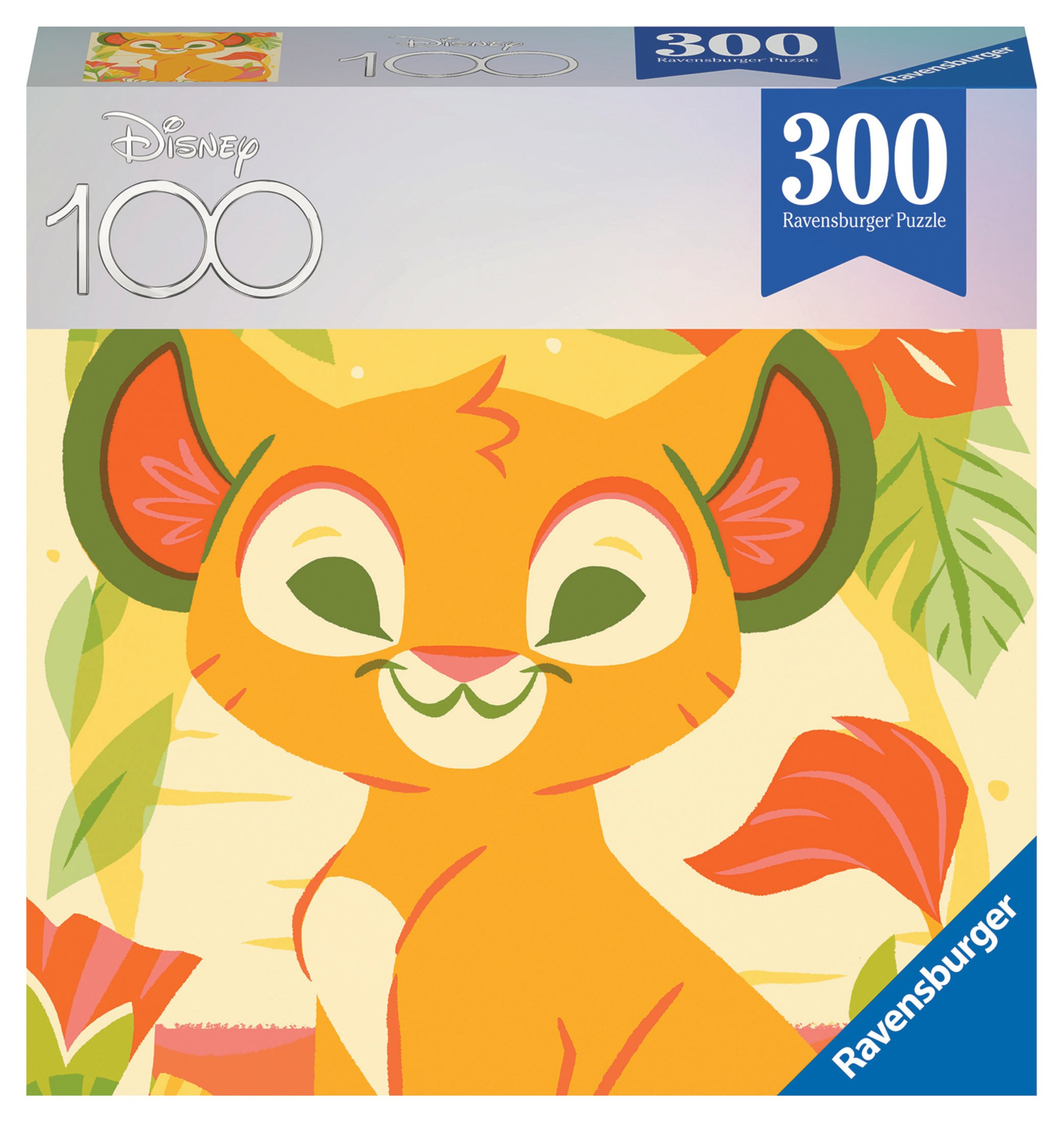 Pudełko z puzzlami Disney 100 z twarzą Simby i dżunglą w tle.