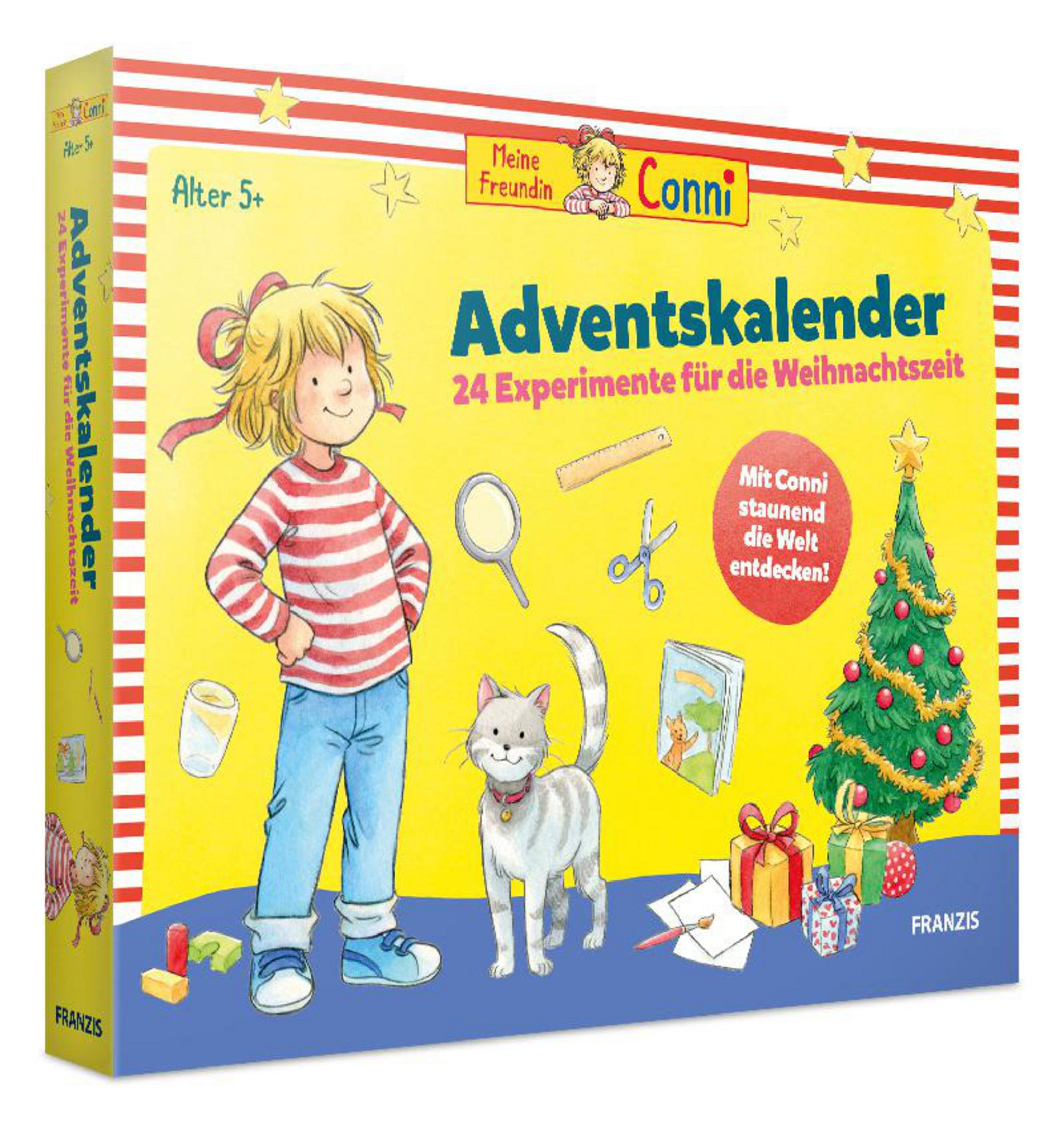 Adventskalender-Box mit einem Cartoon-Mädchen und einer Katze, sowie einem Weihnachtsbaum und anderen Objekten.