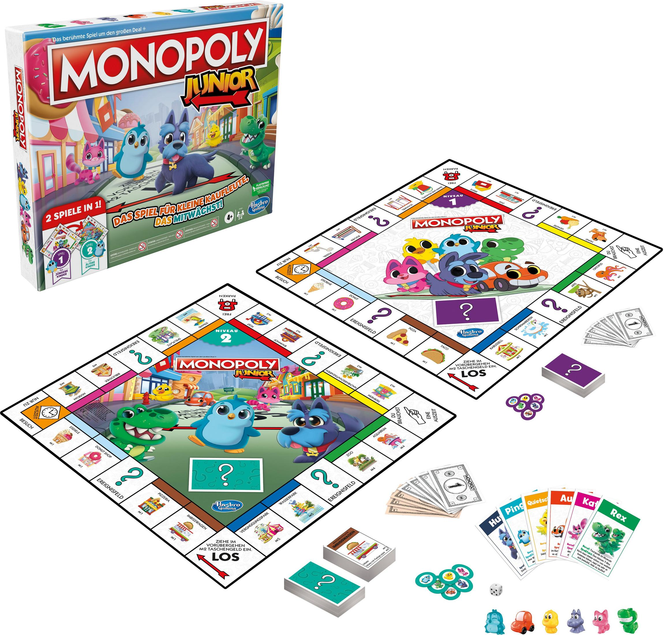 Zestaw do gry planszowej Monopoly Junior. Zawiera plansze, pionki, karty i kostki.