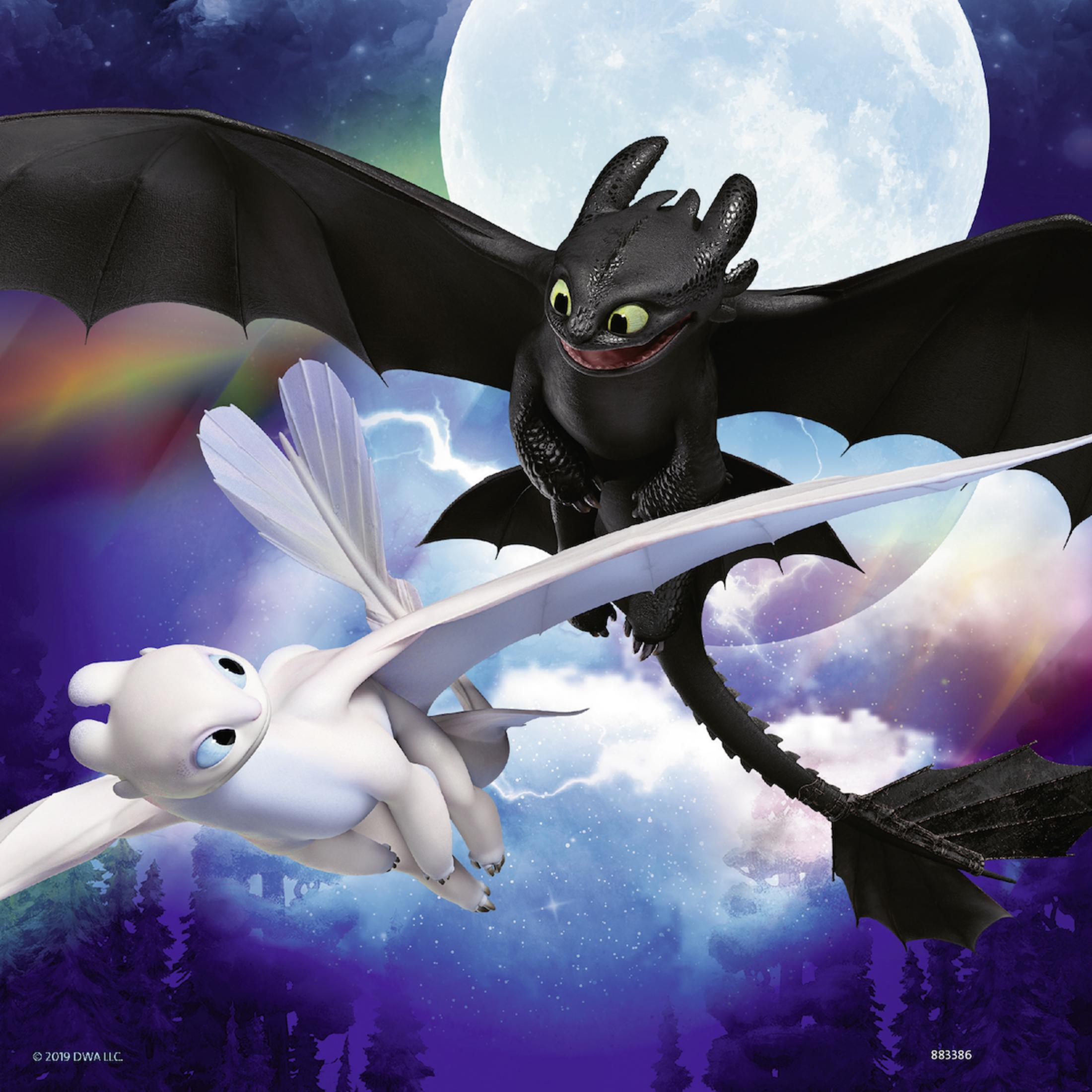 Smoki Szczerbatek i Świetlista lecą na tle nocnego nieba z pełnią księżyca.