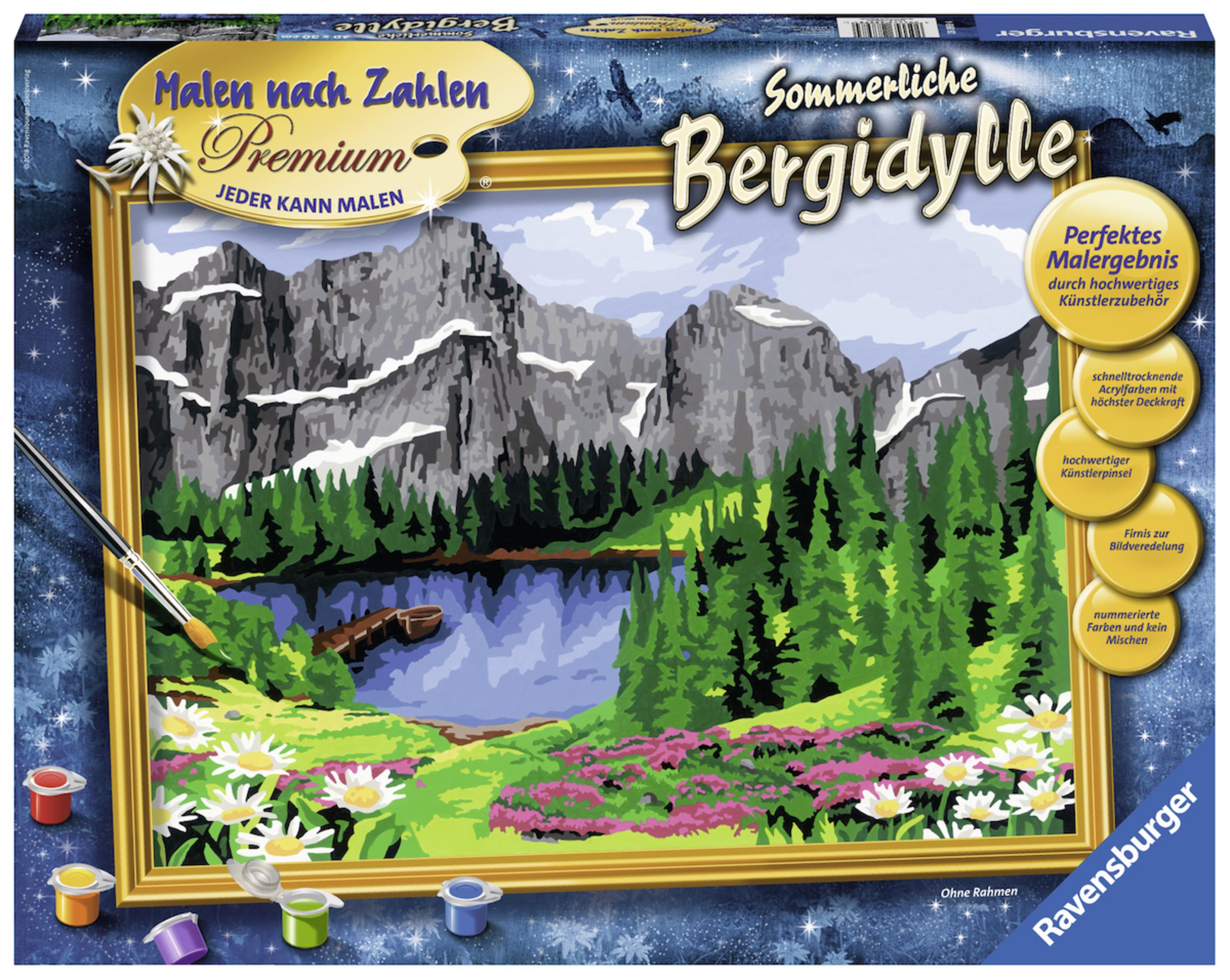 Ein Malen-nach-Zahlen-Set mit einer Berglandschaft. Die Box enthält ein Gemälde, Pinsel und Farben.