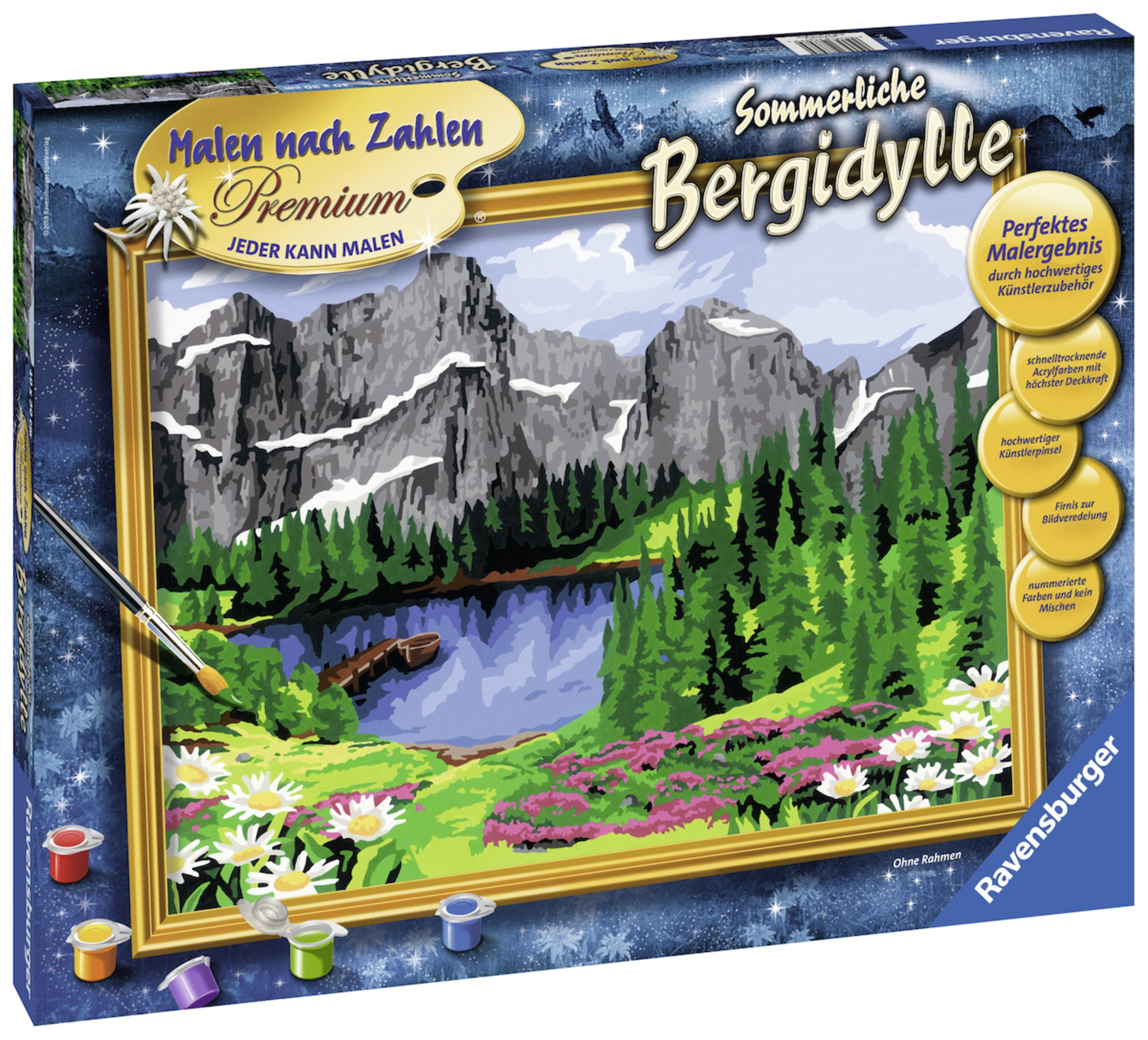 Ein Malen-nach-Zahlen-Set, das eine Berglandschaft und einen See darstellt.