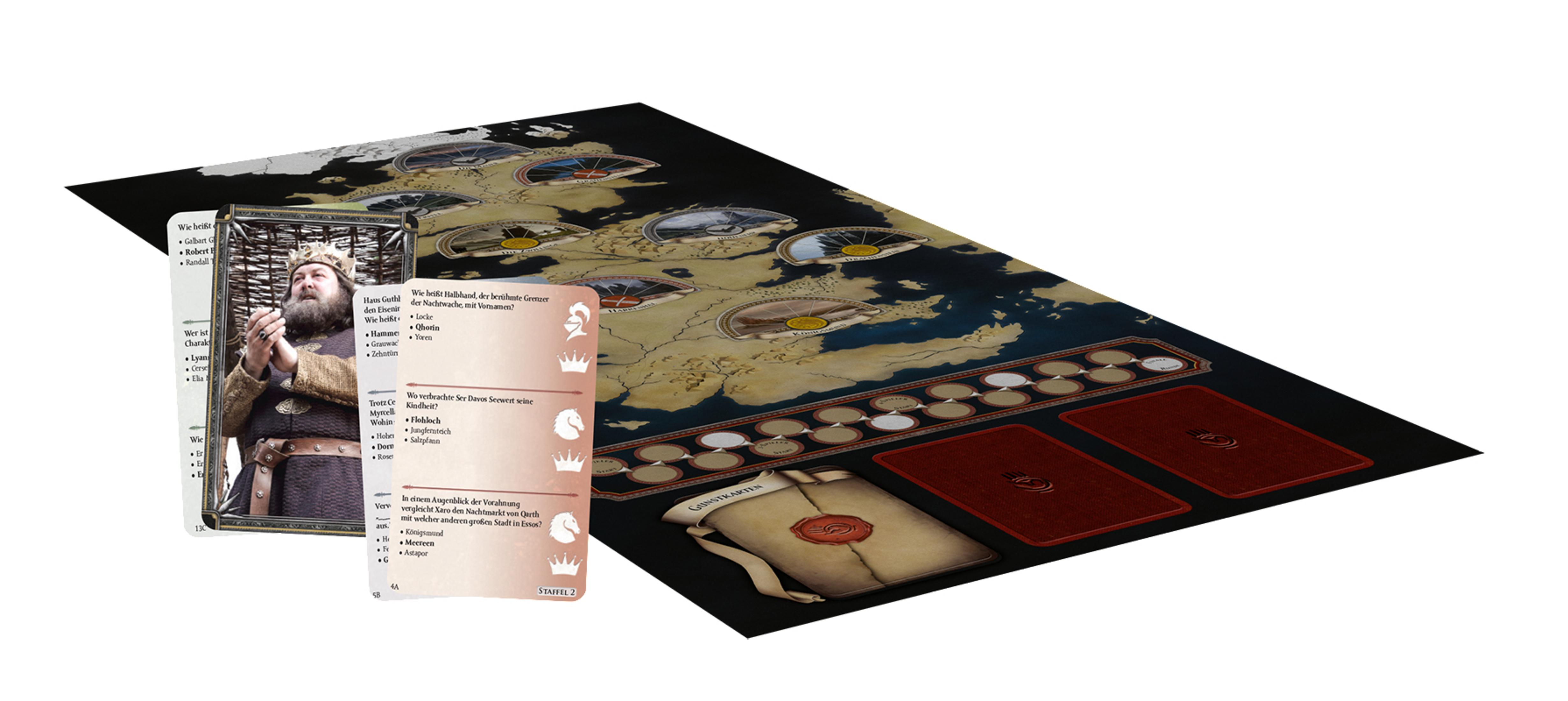 Brettspiel mit Karten und Spielbrett. Das Spielbrett zeigt eine Karte, und die Karten haben Bilder von Personen.