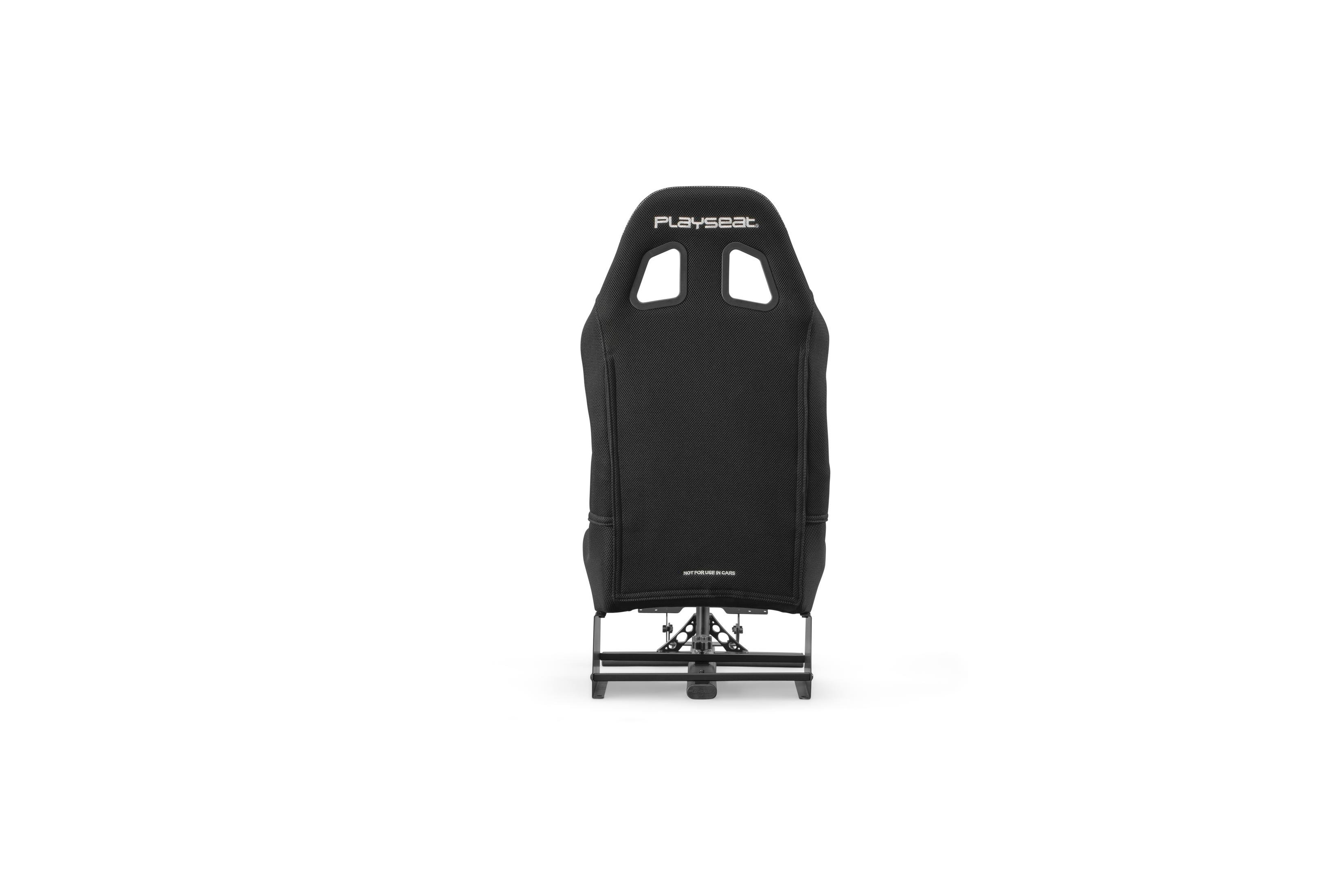 Silla de carreras negra con el logotipo de Playseat, vista desde atrás. El asiento está sobre fondo blanco.