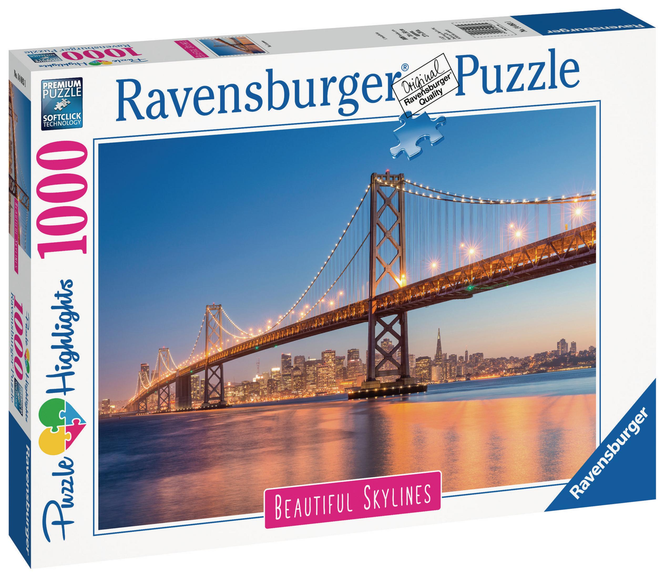 Pudełko puzzli Ravensburger z nocnym widokiem na most w San Francisco i światła miasta.
