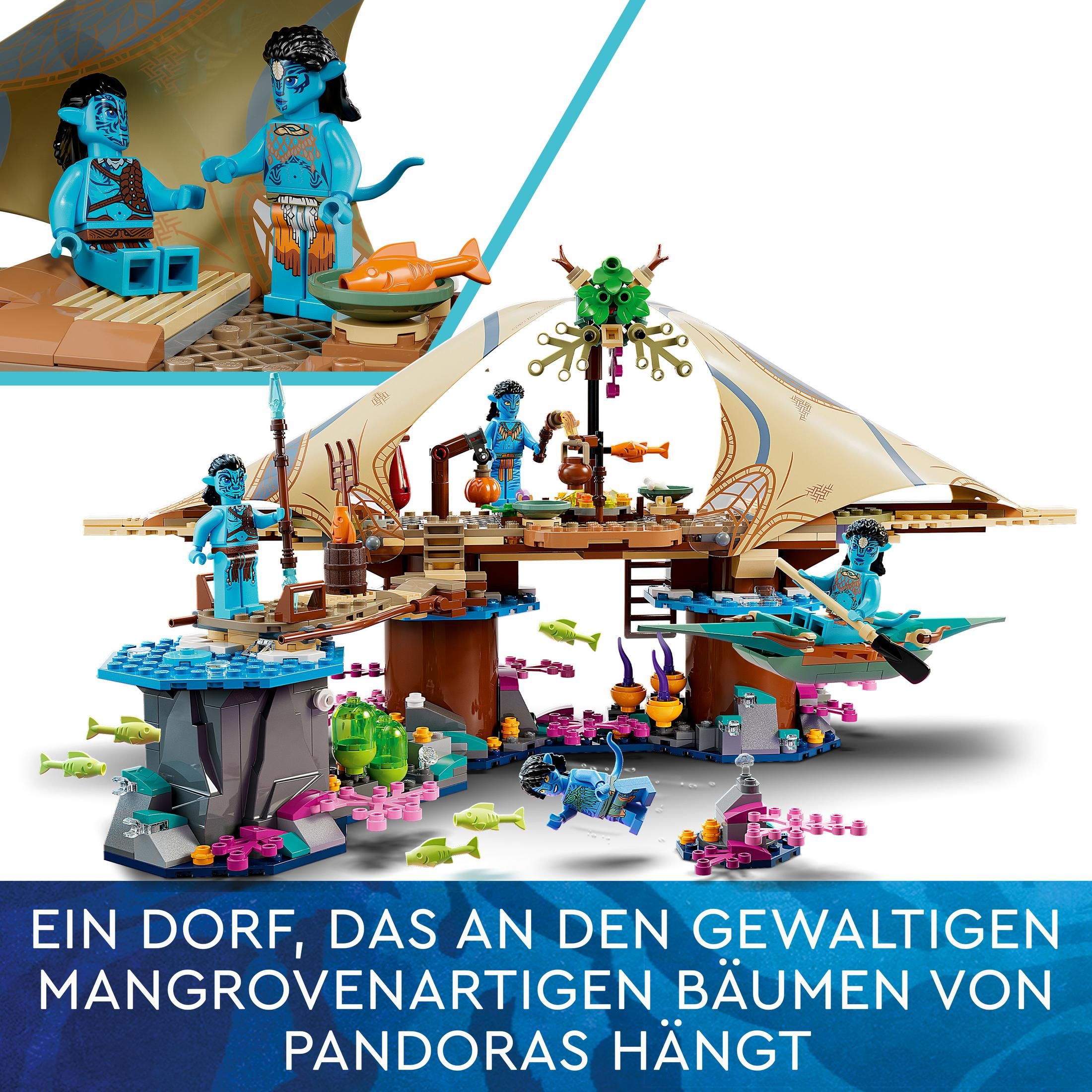 Un set de Lego que representa una aldea en Pandora, con figuras azules y estructuras coloridas.