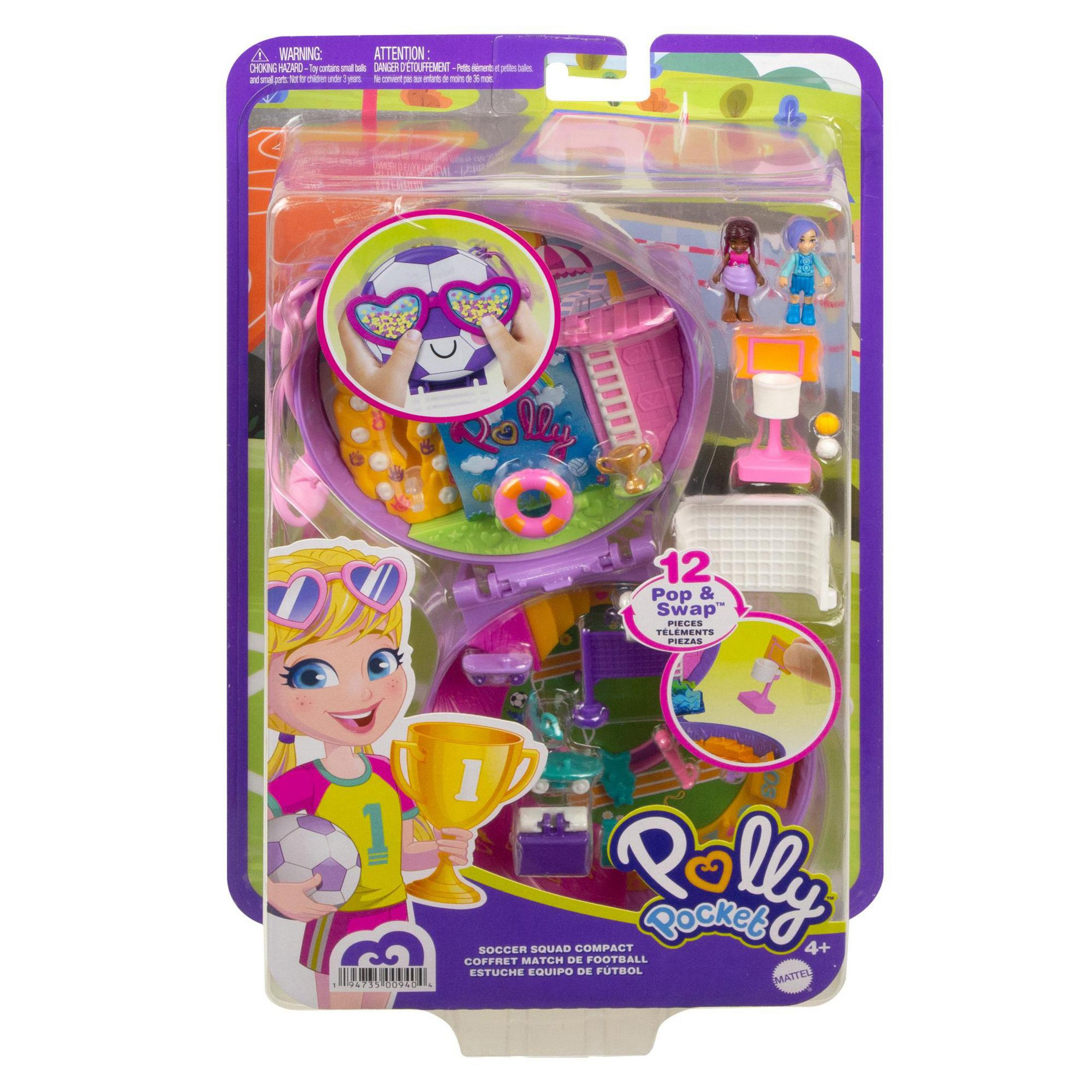 Polly Pocket Fußballset. Ein kompakter Koffer mit Polly, Zubehör und einem Fußballfeld.