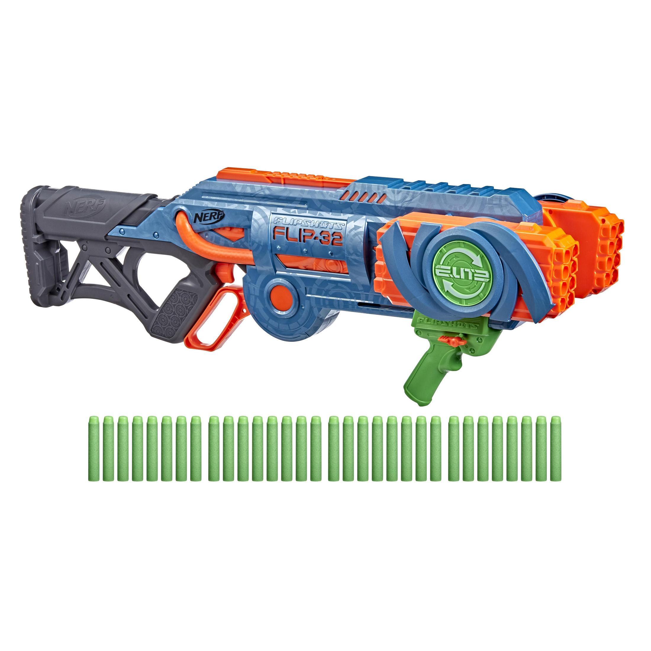 Nerf-Gewehrspielzeug mit orangefarbenen und blauen Farben und grünen Kugeln.