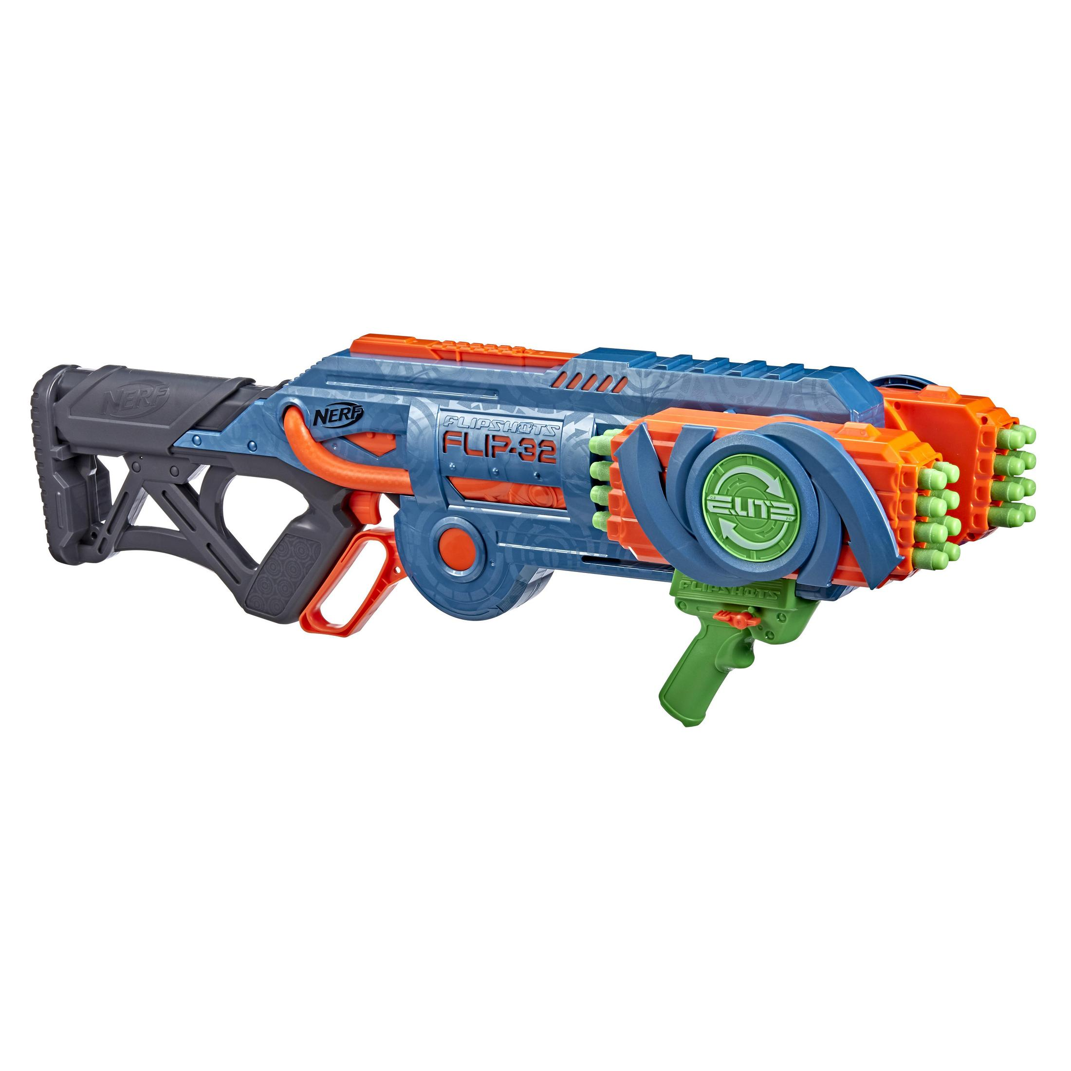 Blau-orange Nerf-Pistole mit Flip-32 darauf, weißer Hintergrund.