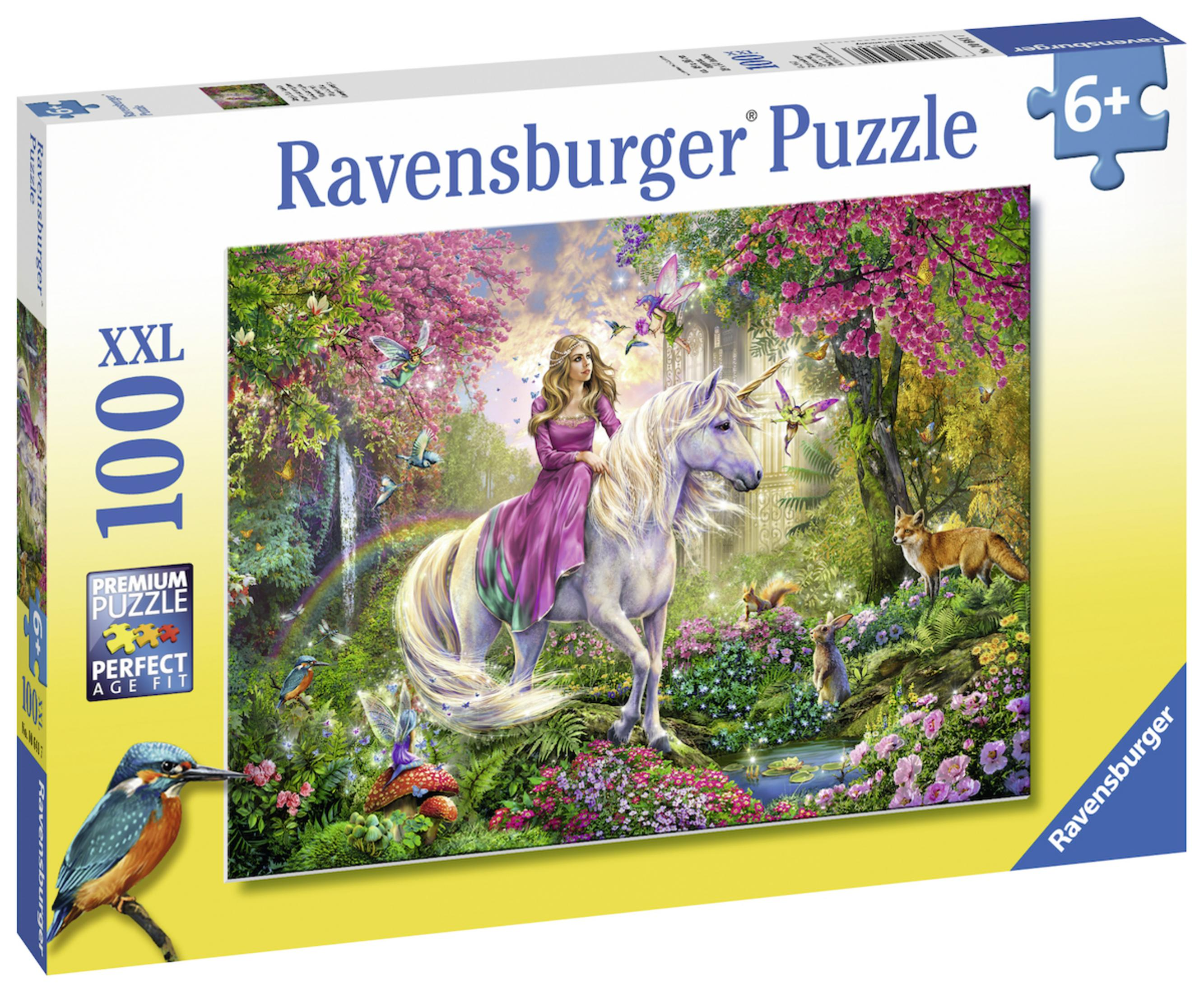 Una scatola di puzzle che mostra una donna a cavallo di un unicorno attraverso una foresta con un arcobaleno.