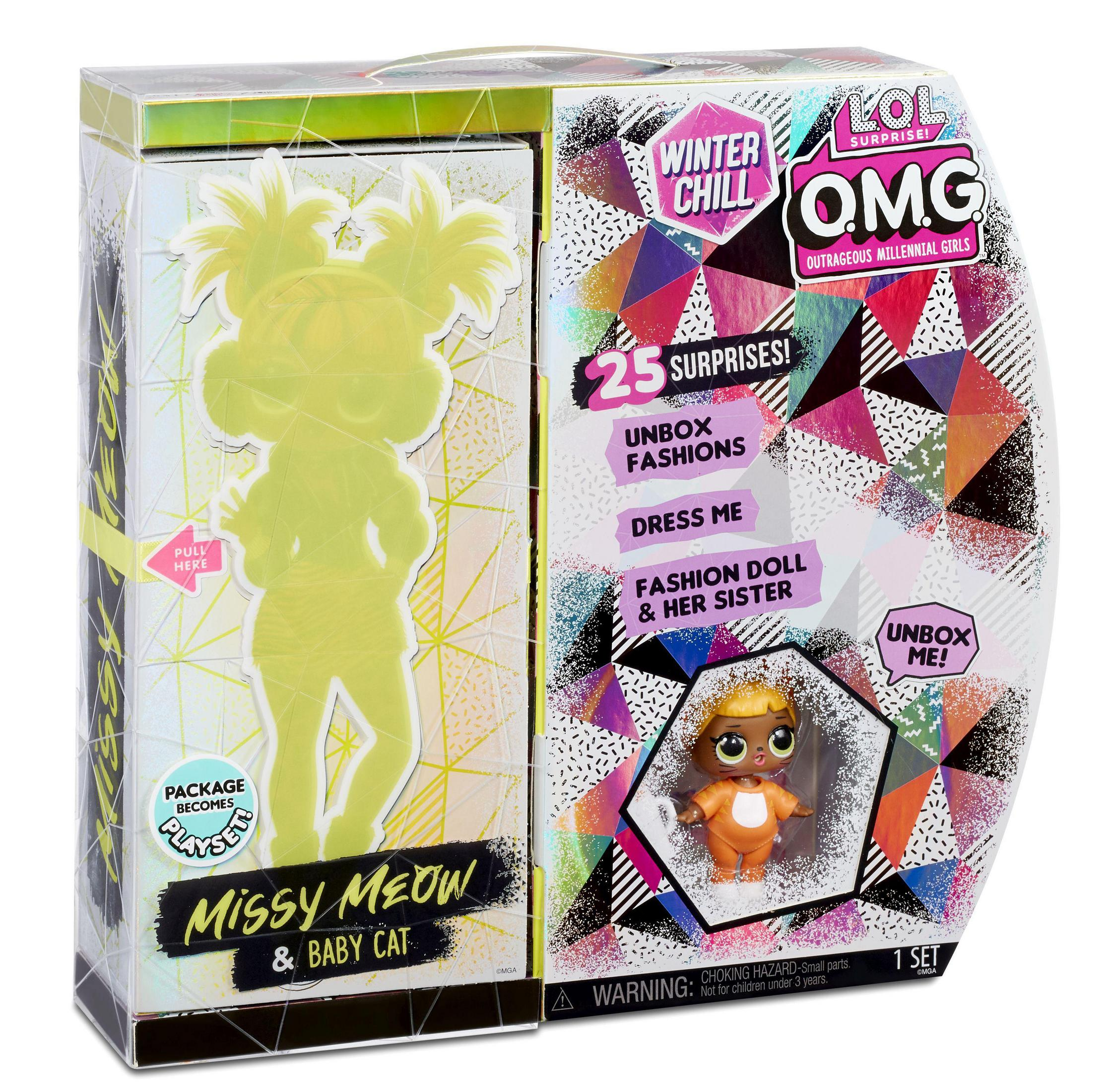 Pudełko z lalką LOL OMG Winter Chill Missy Meow & Baby Cat ze zdjęciami.