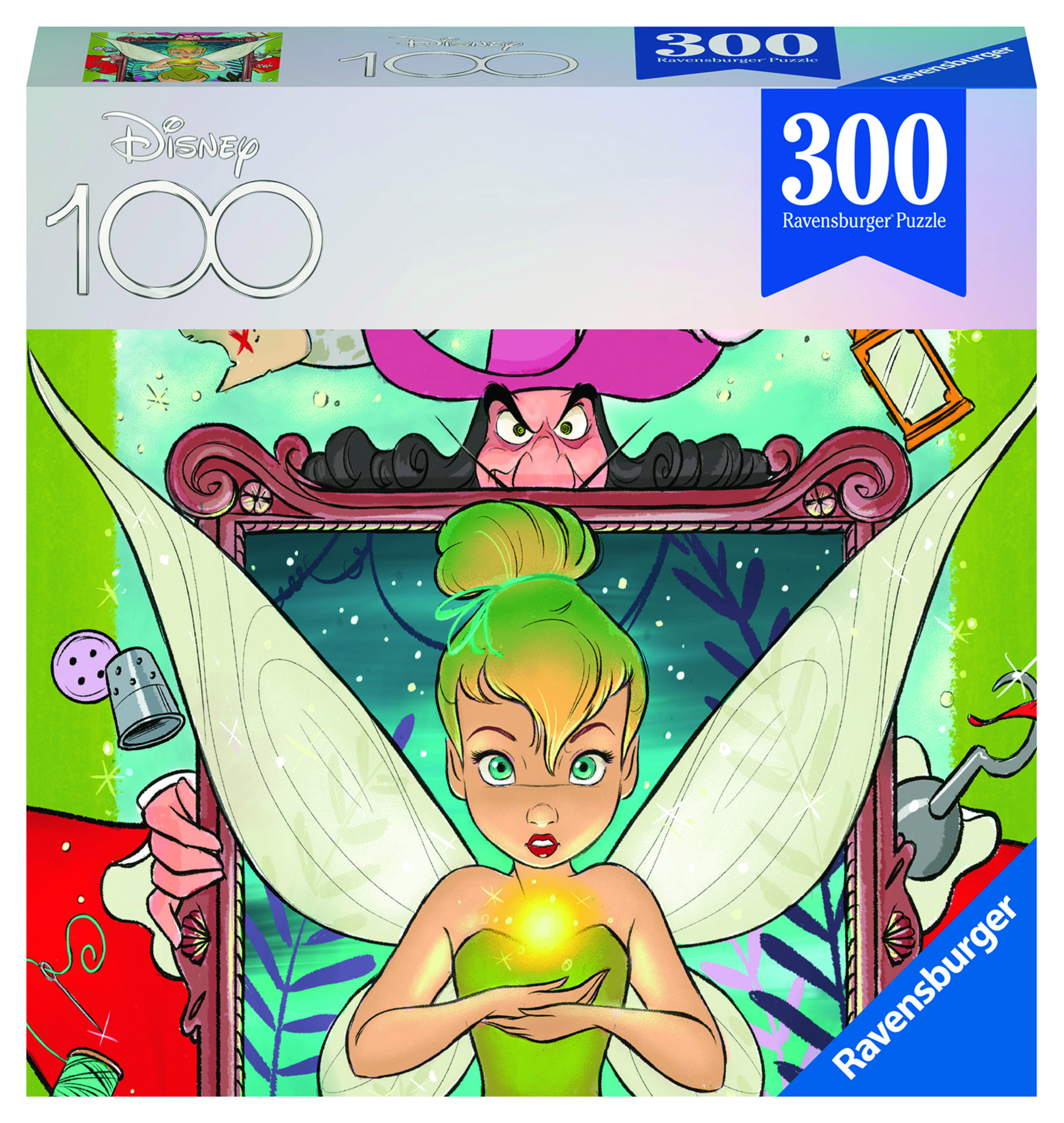 Pudełko z puzzlami Disney Tinkerbell z Dzwoneczkiem i Kapitanem Hakiem.
