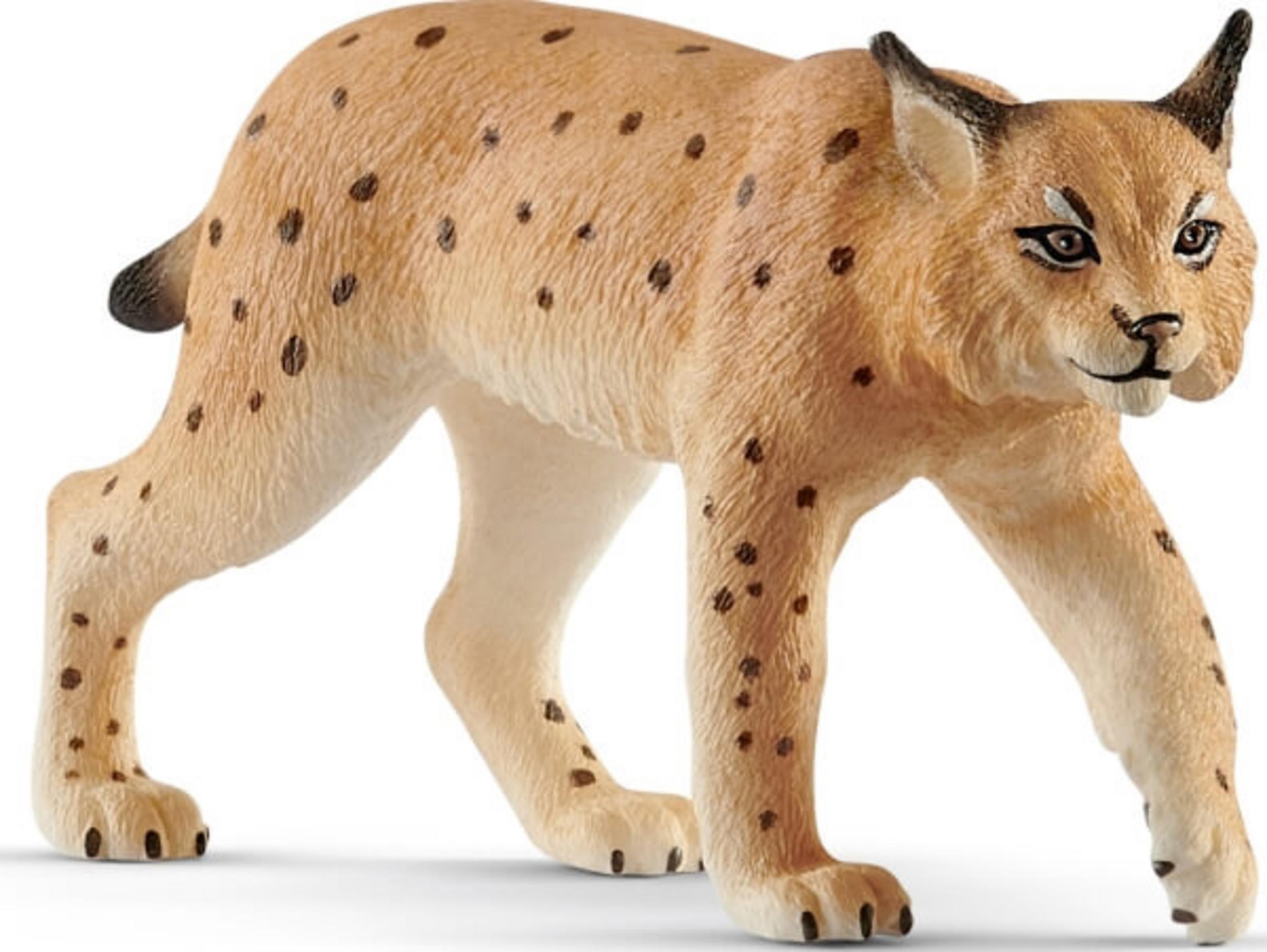 Zabawkowa figurka rysia, pomarańczowa z czarnymi plamami, w pozycji chodzenia, patrząca w prawo.