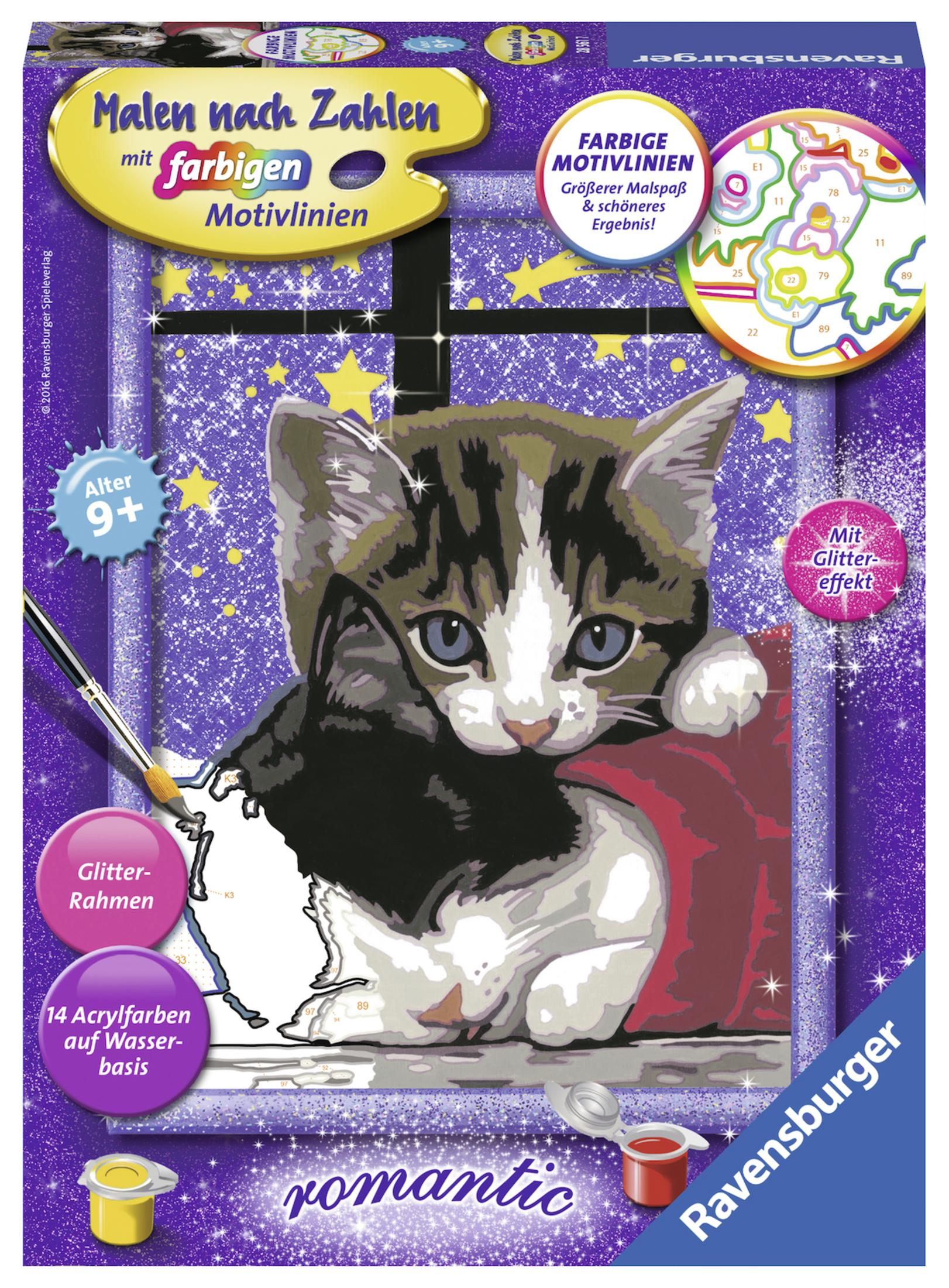 Ein Malen-nach-Zahlen-Set mit Katzenbild, Farbtöpfen und Pinsel.