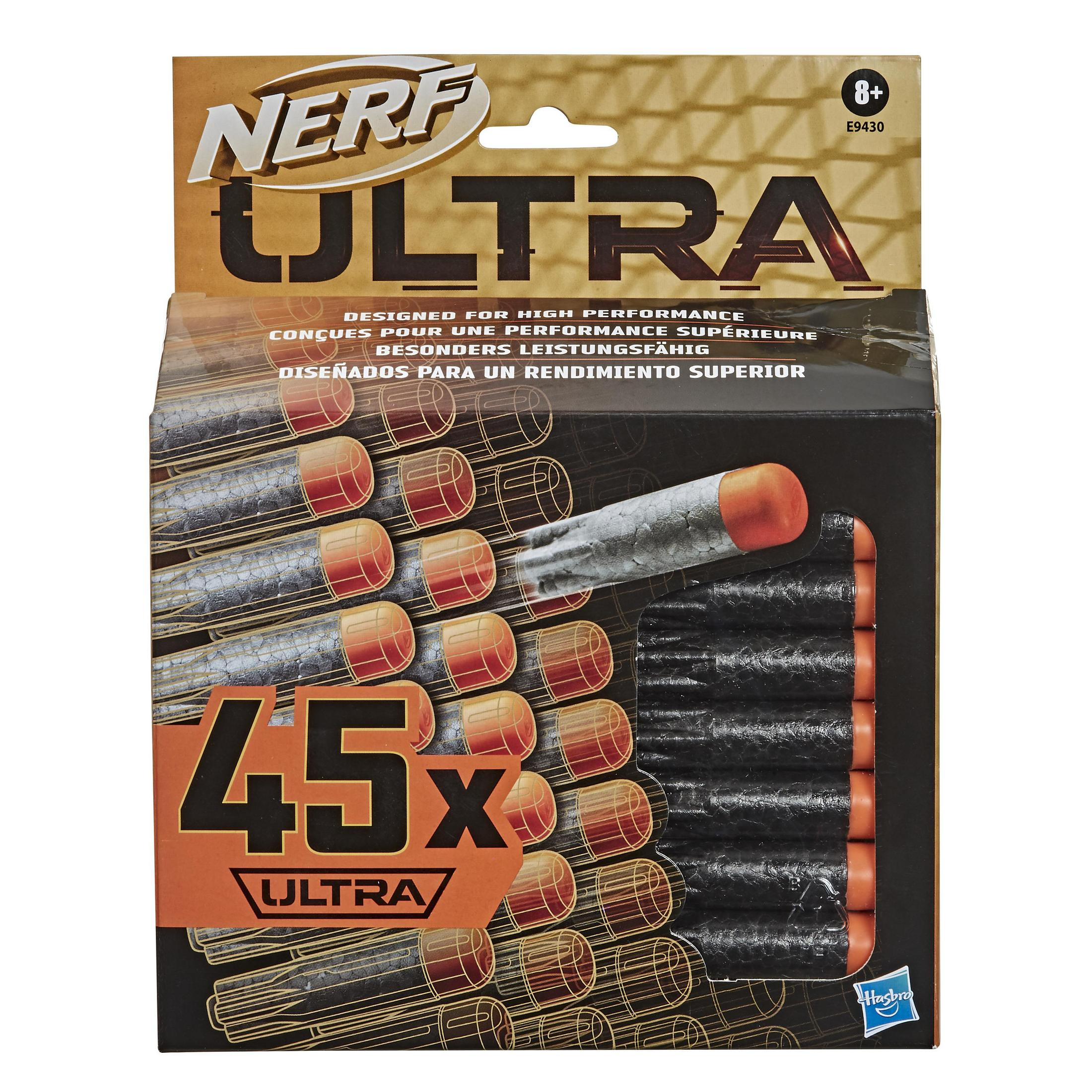 Eine Schachtel mit Nerf Ultra-Darts, mit orange-schwarzem Farbschema.