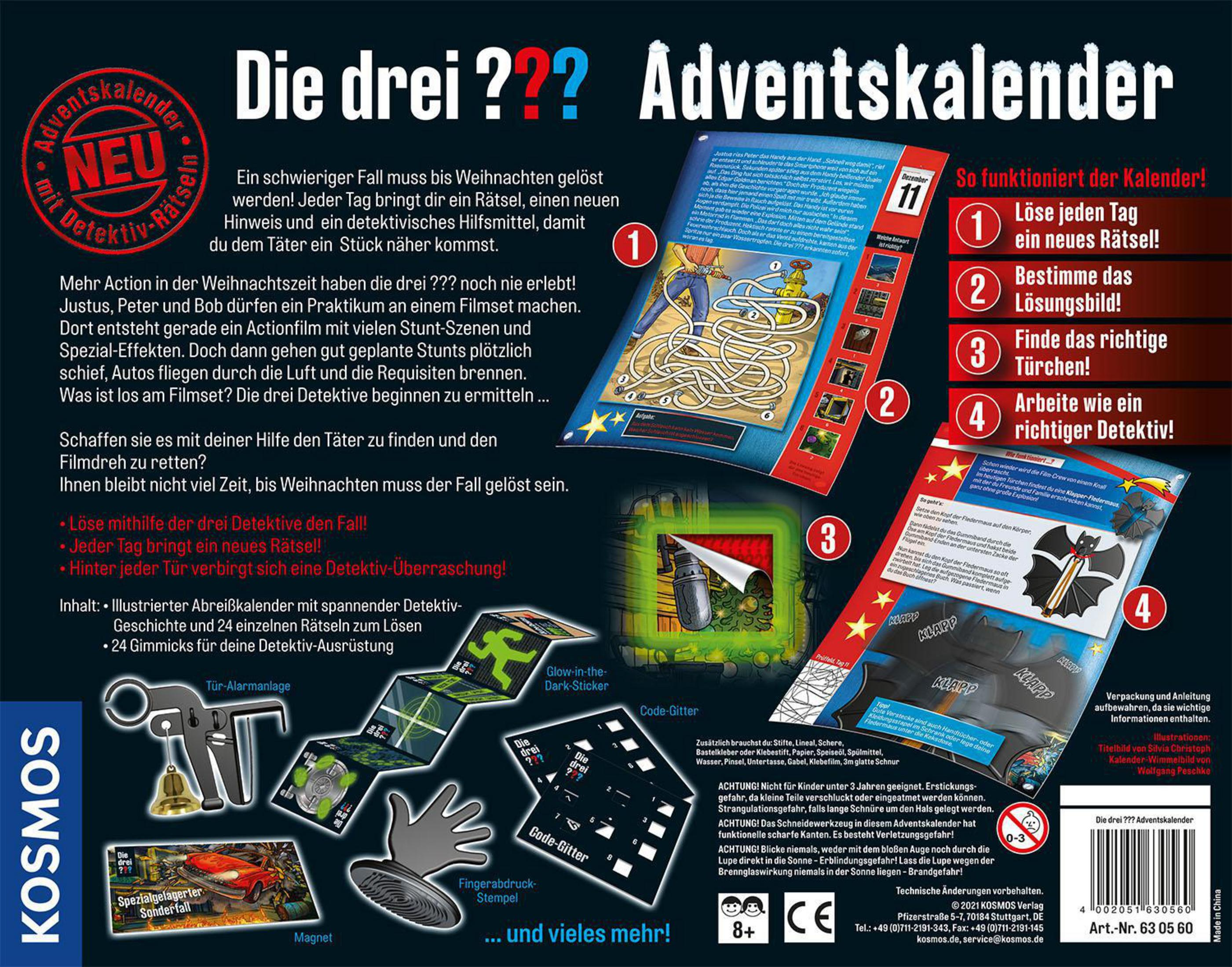 Adventskalender mit Detektivthema. Enthält Illustrationen und ein Labyrinthspiel. Außerdem Aufkleber und einen Code-Cutter.