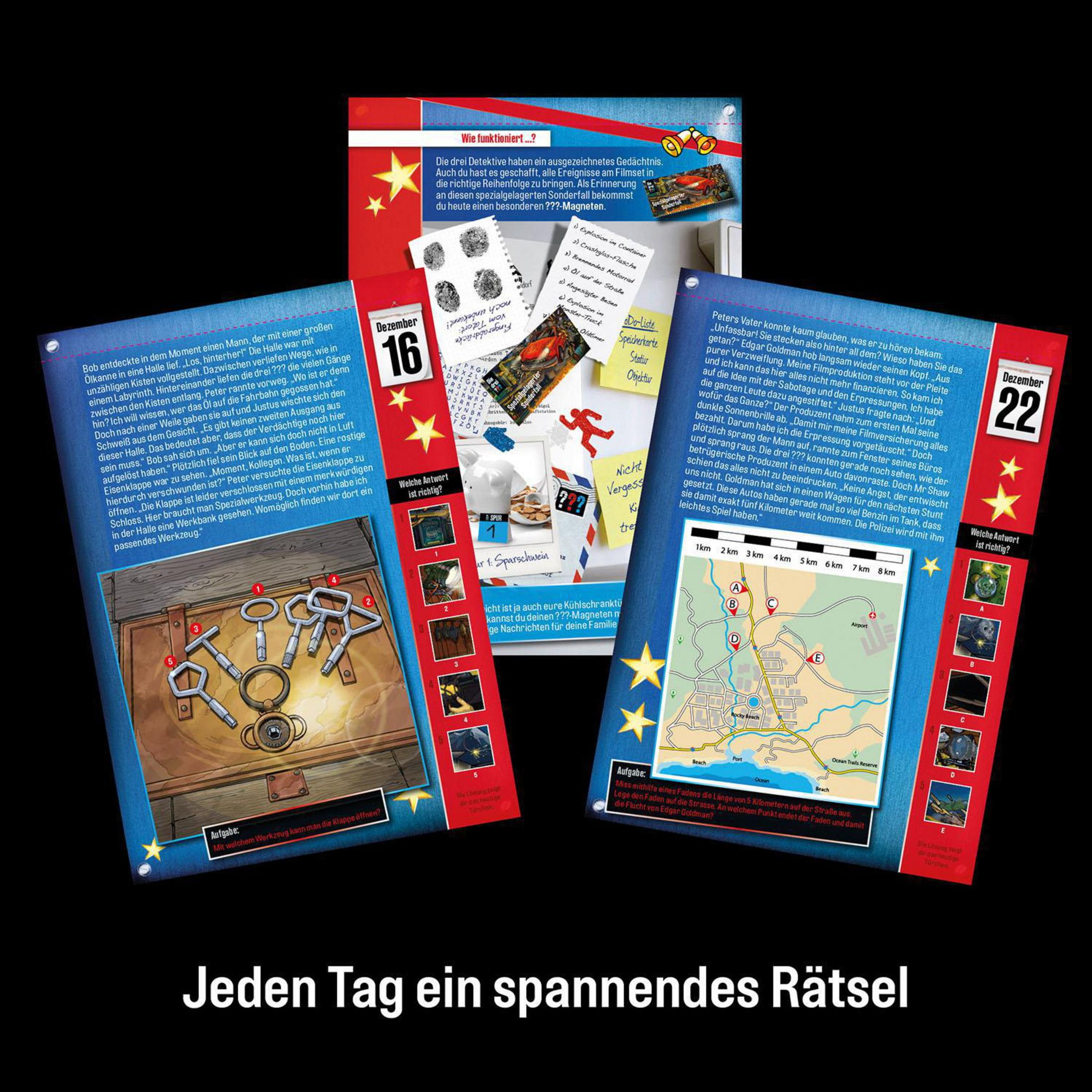 Spielbox mit Puzzleteilen, Karten und Text in Deutsch, mit Detektiv-Thema.
