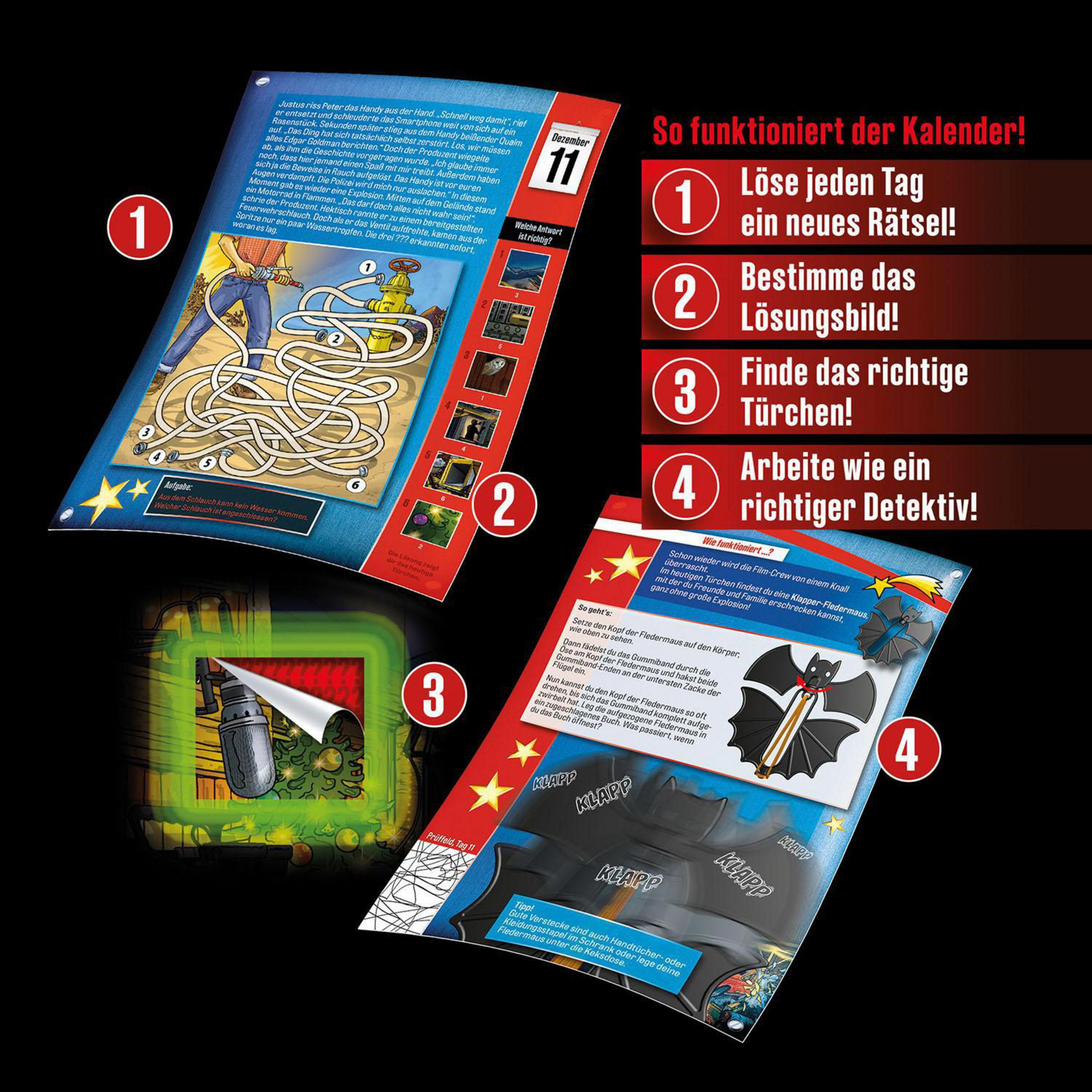 Eine Puzzleseite mit Anweisungen, einem Labyrinth und einer Fledermauszeichnung. Text auf Deutsch.