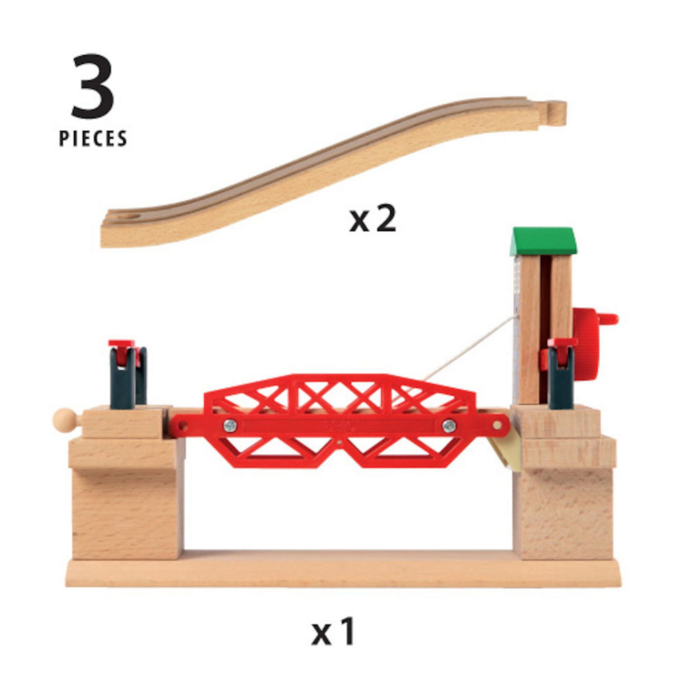 Holzspielzeugbrücke mit rotem Hebeteil, zwei gebogenen Schienenstücken und dem Text "3 Teile".